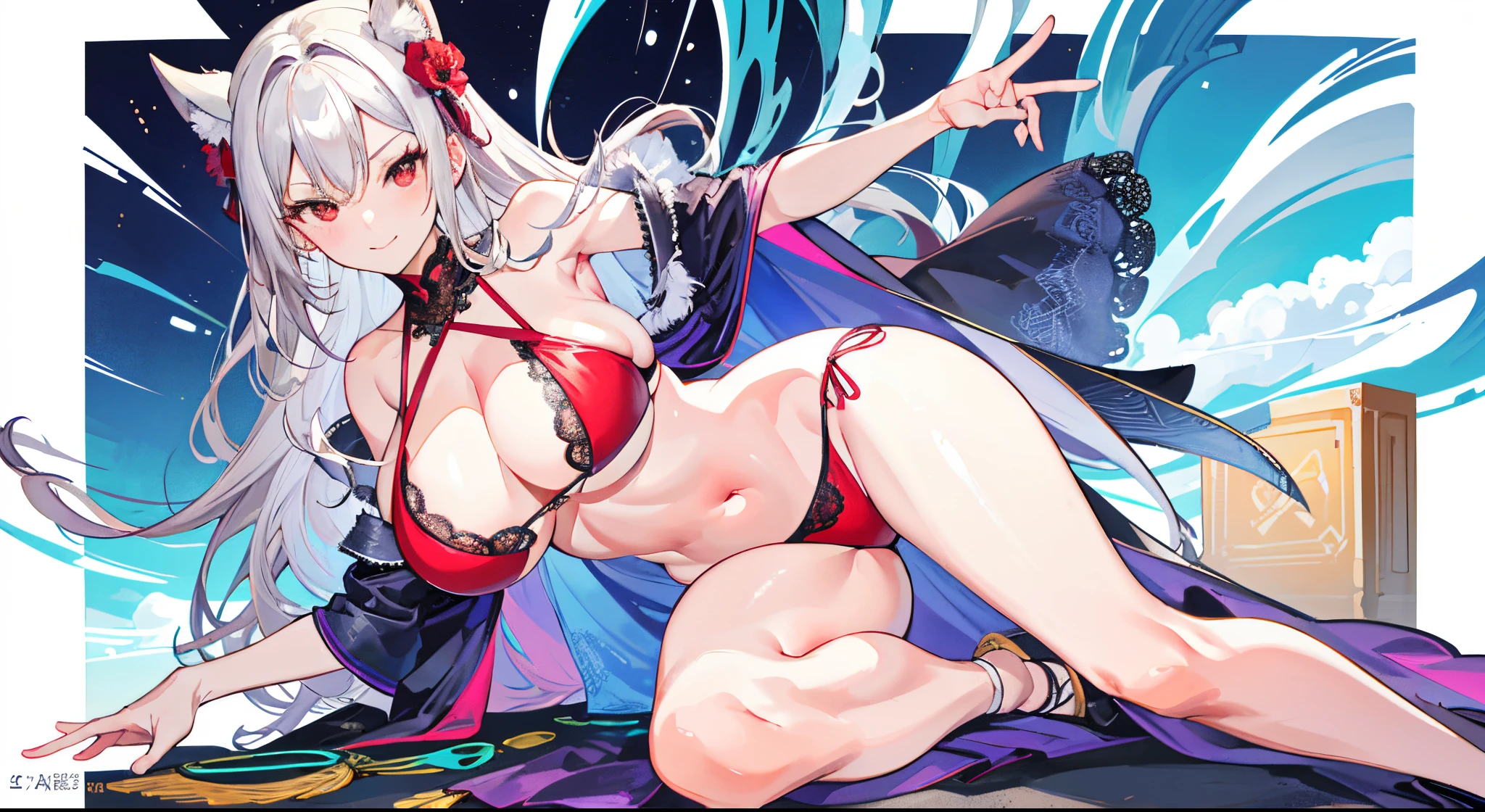 (tmasterpiece:1.6,Best quality at best),(Sagging eyes),high high quality,beauitful face,1 busty girl,Long gray hair,Wide hips, Busty and mature woman,Long blonde hair,red eyes,, blue bikini, Frontal photography above the knee,fake smile, tmasterpiece, The background is blank, Frontal main light source,mature, (lies on the ground) ,perfect anatomia