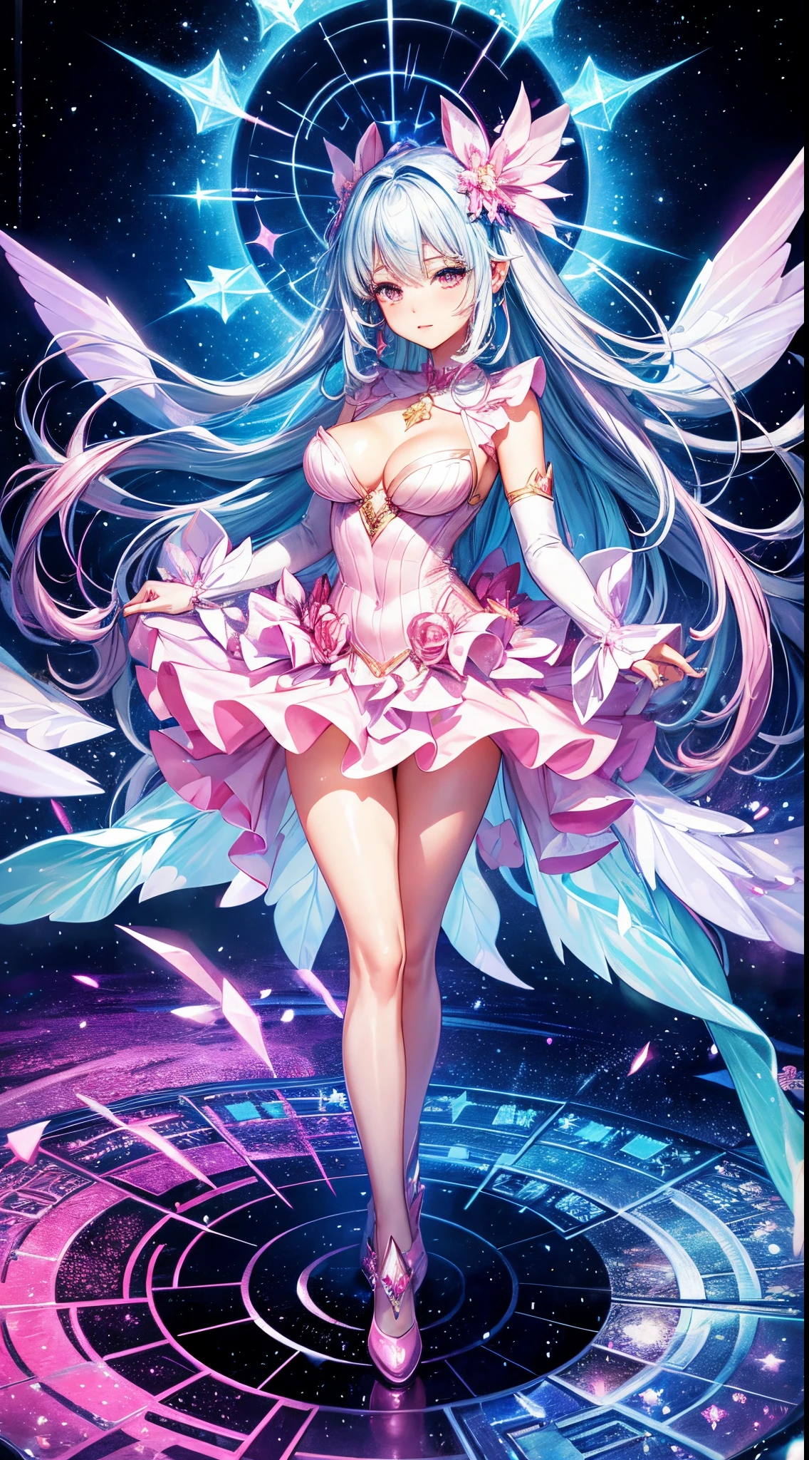 sexy magical girl wearing a crystalline pink dress,standing in a glowing castle made of crystals,prismatic,cosmic,colourful,full body portrait,cleavage,vibrant,mesmerizing,beautiful,best quality,ultra detailed,high res,masterpiece,1 girl,solo