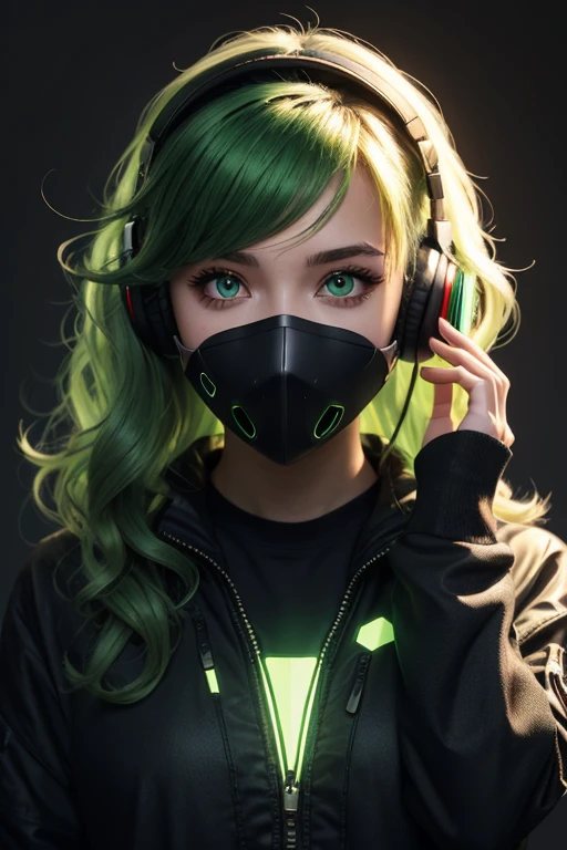 22 years old woman with wavy green hair, green eyes, futuristic vibes, mask on mouth, headphones, 8k, high quality, simple background, glowing eyes, nice pose