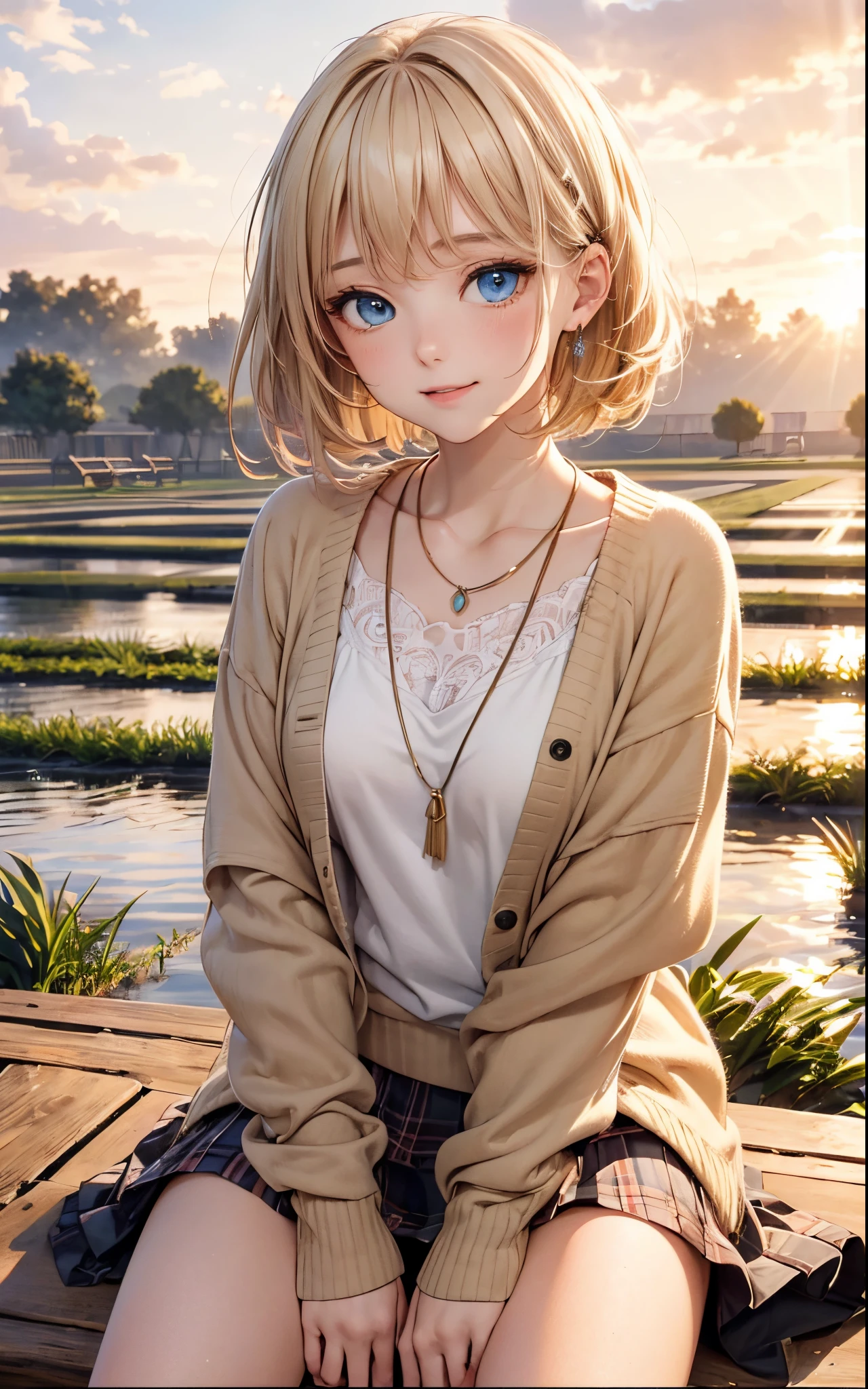 (masterpiece),(top-quality:1.2),1girl in,(masuter piece:1.3),exquisitedetails, Highest quality 8K resolution, Ultra-detailed, Realistic, Vibrant colors, Soft tones, With warm and gentle lighting, A woman standing in a room wearing a skirt and sweater, designed for cozy aesthetics, wide skirt, Styling, With short hair, simple style, Beige, 2 0, Dynamic!!, Cute:2, F / 2 0, Roots and hay coat, lookbook, Vivid), 9, jimin, ( Side ) profile (Smooth straight blonde hair:1.2),(Hair parted in the middle:1.3),(Glowing hair),(Dark blue eyes:1.3),(Hands close to the face:1.4),White skin, hair clips,Small necklace,A gentle feeling overflows,The sun's rays illuminate joy and pure love, Warm golden glow,The atmosphere is full of happiness and laughter, As if celebrating love,Ultra-detailed depiction and vivid colors,A style that combines romanticism and realism,depth of love,color palettes,Create an ethereal atmosphere like a dream,Lighting is soft and diffused,masterpiece artwork