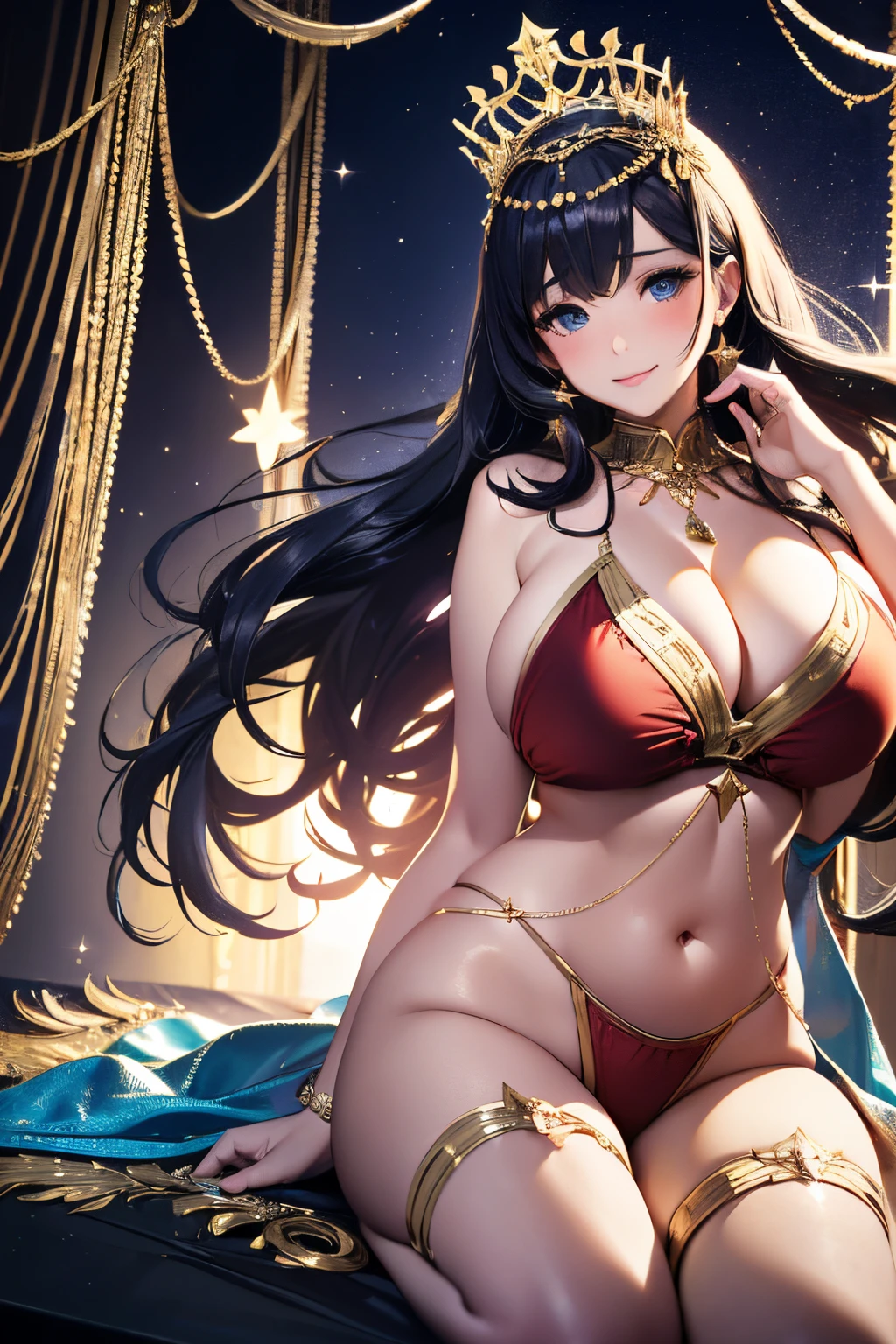 ((([Closed eyes: (Narrowed eyes:1.3):11],chubby figure,Round face,drooing eyes,large boob))),((Princess,Gorgeous red dress,Luxurious tiara,Stars shining on the inside of the dress,Glitter,Heavy makeup,colorful strands of hair,Beautiful hair,Floating hair))),((masutepiece,Full body,Wide background,high,Castles,palatial palace,a throne)),Beautiful detailed skin,Perfect human anatomy,perfect hand,beautiful boob,saggy tits,portrait of a beautiful woman,Perfect face,(Cute smile,Bright smile),Girl in Japan costume,Cute look,Cute emotions,Think,(blush),enticing lips,Perfect eyes,Cinematic scene,Cinematic,fulcolor,4K,8K,Raw photo,Studio portrait,professionally color graded,Professional Photography,(an extremely delicate and beautiful art)1.3,Elegant,Active Angle,Soft light,Lens Glow,soft clean focus,Realistic lighting and shading,Best Quality,top-quality,hight resolution,(1girl in:1.3)