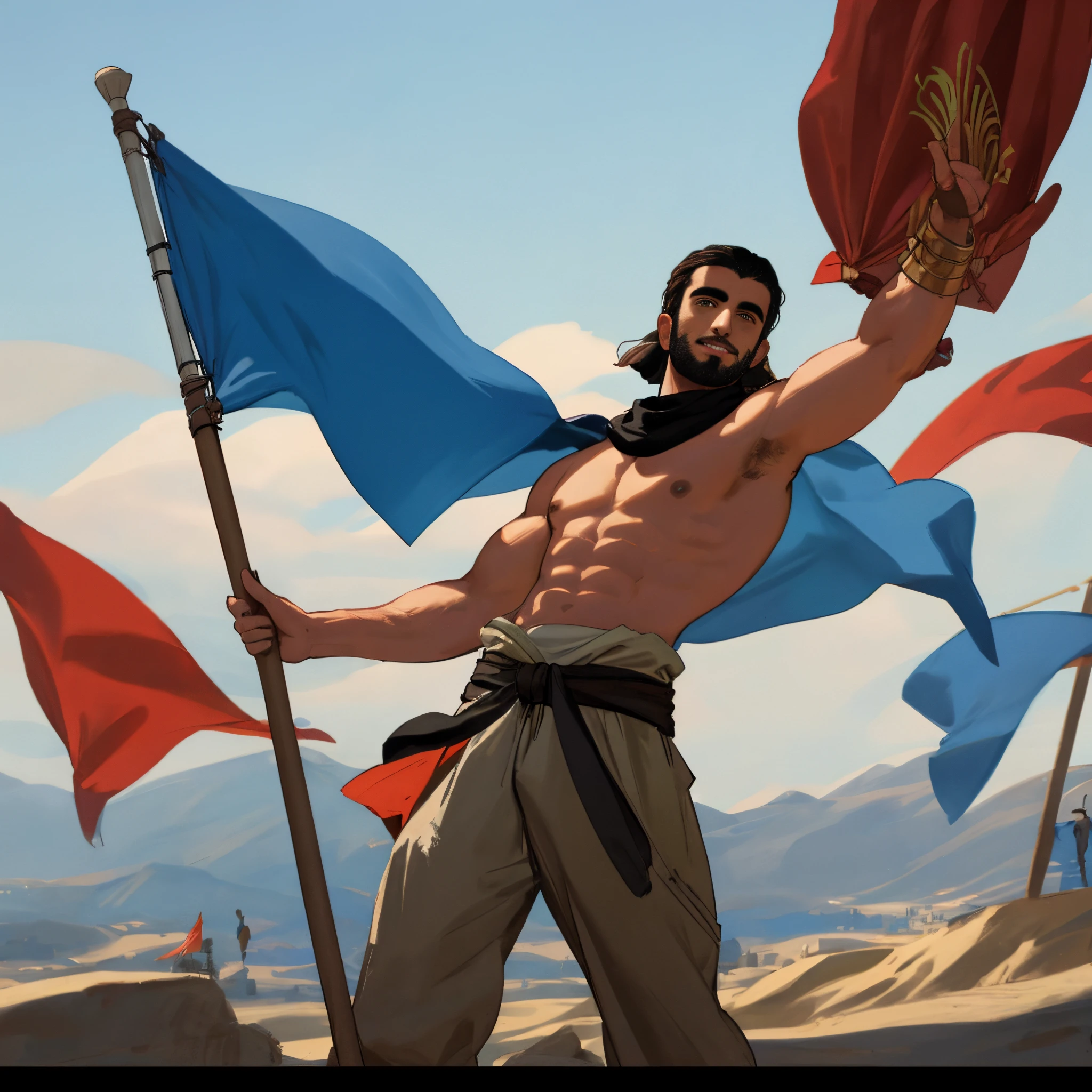Athletic shirtless middle eastern man waving flag, kanliu inspired