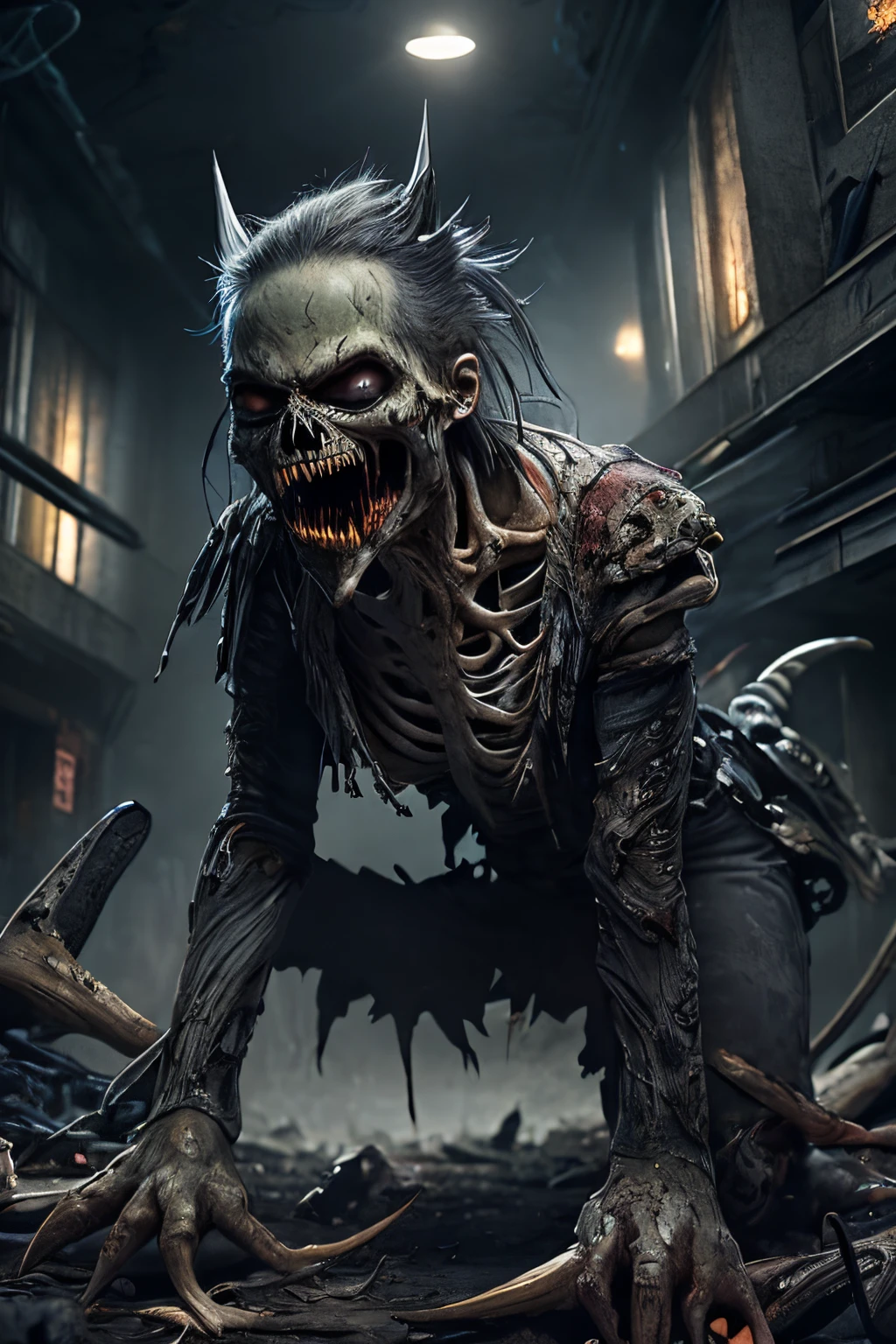 (extremely detailed 8k wallpaper), Dark Theme, (zombie), ((grey eyes)), uses (torn clothes), ((large claws)), ((sharp teeth)), ((gray skin)), (((Bone spikes))), fine focus, (subsurface dispersion:1.1), centered face, (((realistic))), (((Full Body))), award-winning photography, dramatic lighting, underground building.