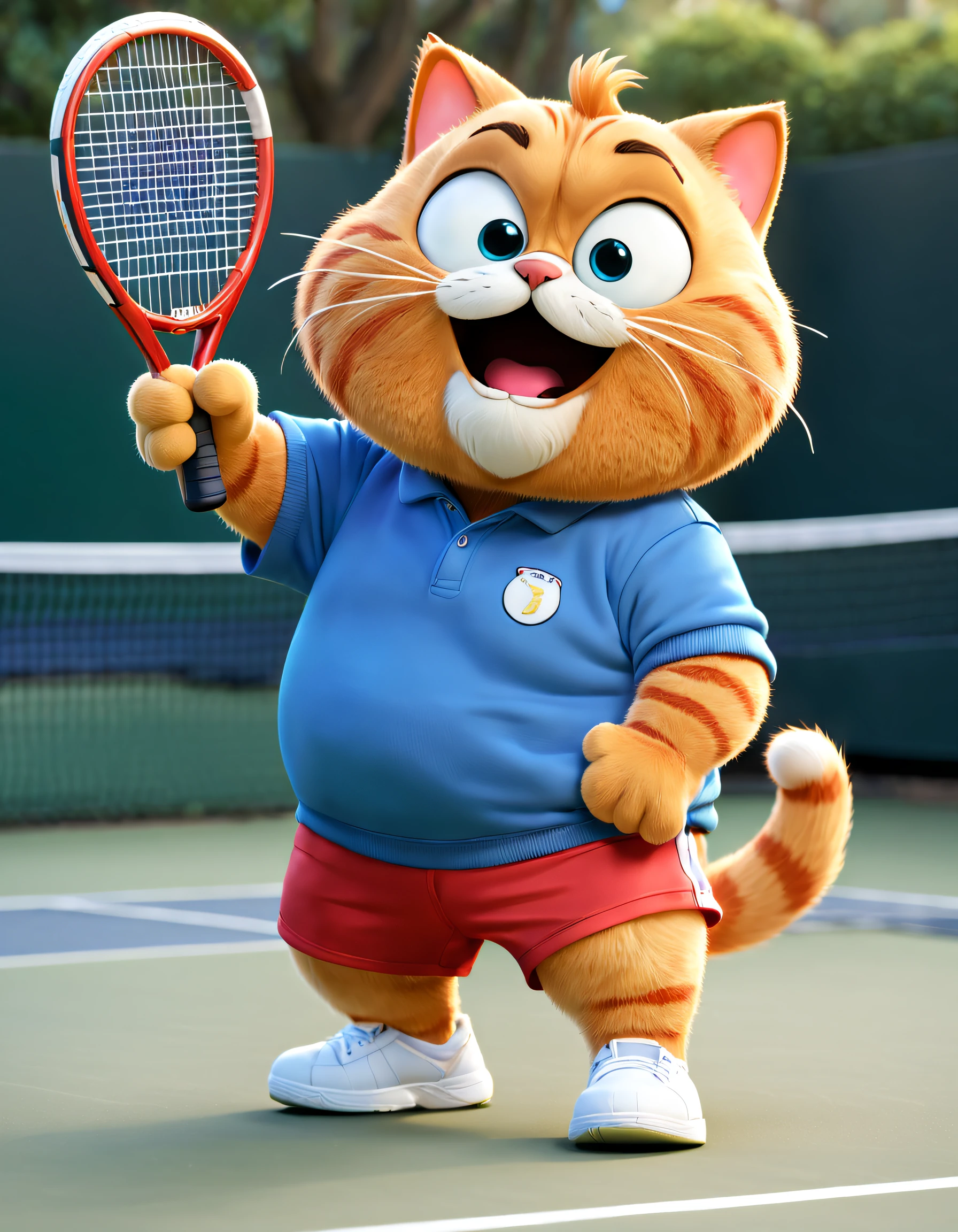 (There is a chubby Garfield cat playing tennis), waving a large tennis racket, wearing red and blue sweatshirts and shorts. Garfield plays tennis, hitting the ball with exaggerated and cute expressions, a proud expression, big eyes, furry beard,
Background: Tennis court, 3D, cartoonization, Pixar production, Kawaii, personification