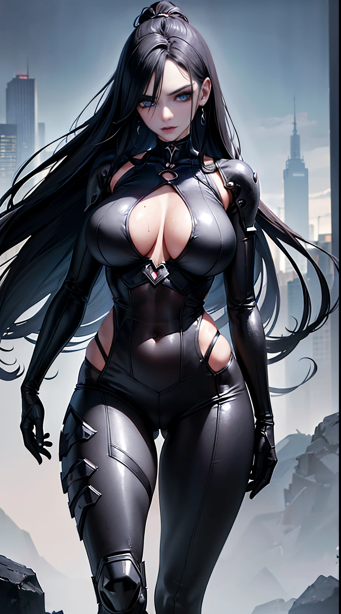 (Hyperrealistic: 1.3), athletic European goth woman, white woman, full body, (biochemanical:1.3), wet exposed skin, exposed abs, masterpiece, (dark: 1.3), darkness, low light, night, cinematic lighting, fil noir, highest quality, sexy woman, (high tech cyborg:1.2), (enormous perky detailed breasts), feminine, symmetrical, highly detailed, gigapixel, fit, (sharp body), detailed body, on focus, gorgeous face, (black eye makeup), (black lipstick), (black hair in dreadlocks), (Simon Bisley), (2000 a.d.), (ABC warriors), (Joe pineapples), ridged, grim, grim-dark, absolute cleavage, showing a delicate slim figure and graceful curves, (beautiful slim long legs:1.3), (detailed eyes, beautiful eyes:1.2),