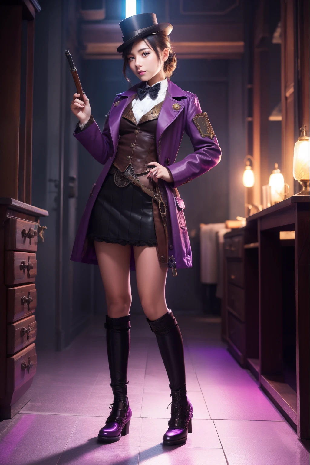 steampunk detective girl、illuminated by a purple spotlight、Cool、full body Esbian、Good Style、Detective Fashion、examining the floor