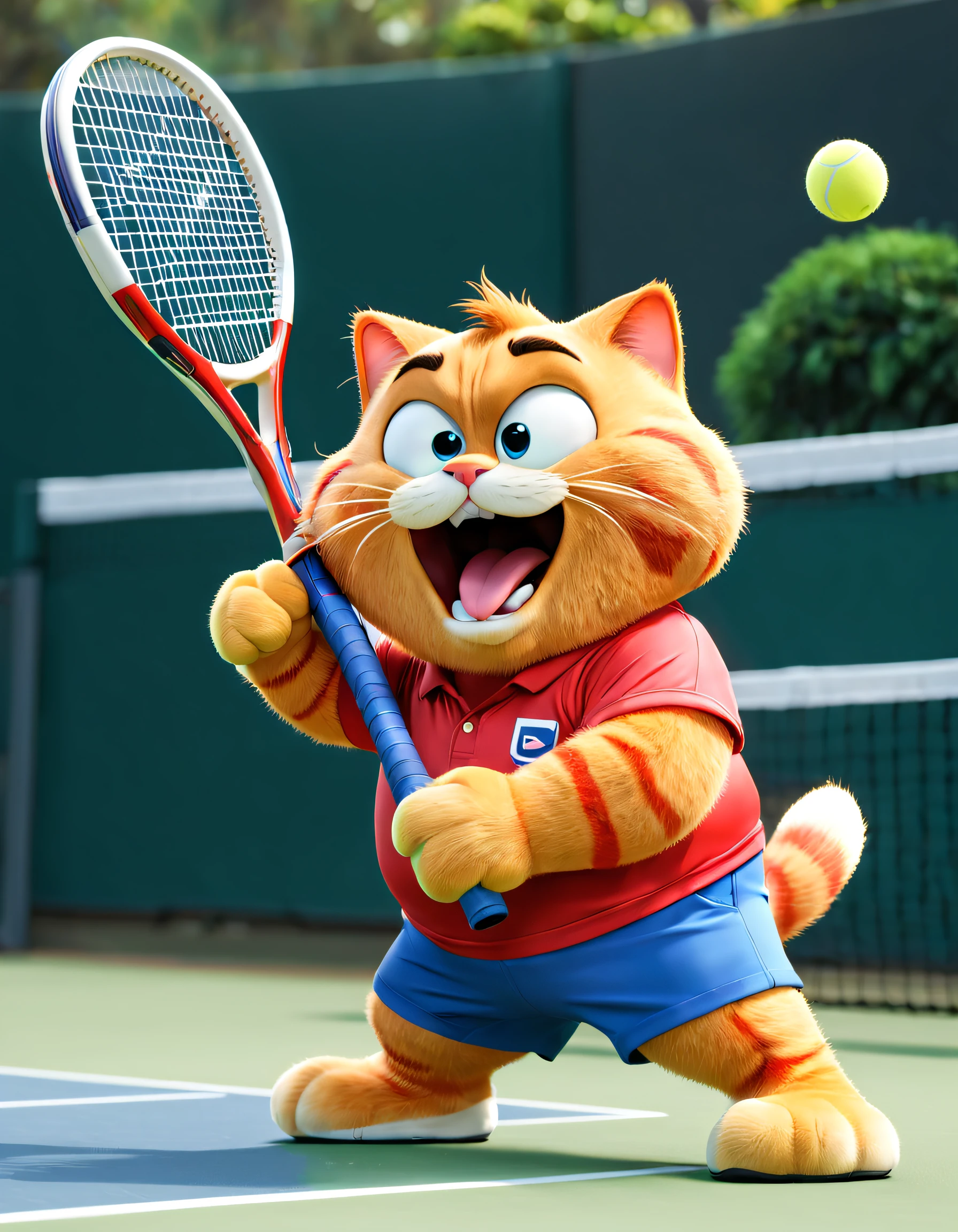 (There is a chubby Garfield cat playing tennis), brandishing a big tennis racket, Batting action wearing red and blue jersey and shorts. Garfield playing tennis, Exaggerated cute expression hitting the ball, proud expression, largeeyes, Hairy beard,Big tail，
Background with: tennis court, 3D, Cartoonish, Made by Pixar, kawaii, anthropomorphic turtle