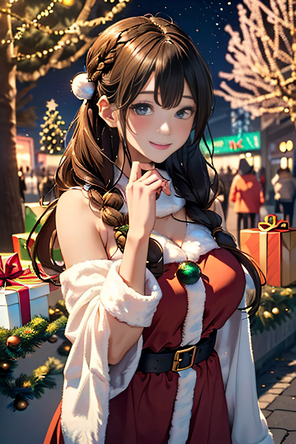 (((Gorgeous Christmas illuminations on street trees:1.3))),christmas tree night lighting,(((Wallpaper of two women enjoying Santa Claus cosplay and cute reindeer cosplay:1.3))),a miniskirt,(The white part of the costume looks like fluffy snow,The red part is made of luxurious velvet material.).off shoulder with sleeves,(Emphasis on ?????????????:1.3),(Short hair with shiny silver and orange stripes,Ponytail twisted buns adorned with elaborate braids and beads,Braided Setup Fishbone Hair,),(Bangs are see-through bangs),with round face,An attractive woman with a natural smile and charming expression,Transparent skin,(The 8k quality,masutepiece,top-quality,Ultra-high resolution output image,),(Highly detailed raw photos:1.3),(Image Mode Ultra HD),