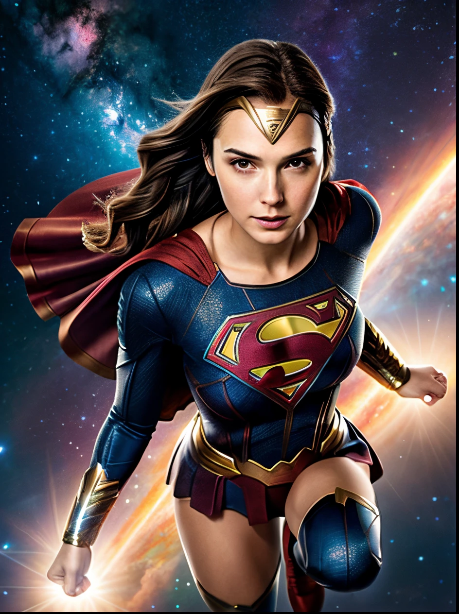 galaxy, A woman in a flying pose wearing a Superman costume, cats wearing space helmets, Supergirl, Gal Gadot as Supergirl, Emma Watson Como Supergirl, Visual de Animation de Supergirl, hybrid of gal gadot, Superhero Girl, Artgem JSC, hyper-realistic photo, japanese dc live-action movie, no text, Supermodels, Wojtek FUS, Take a super home pose