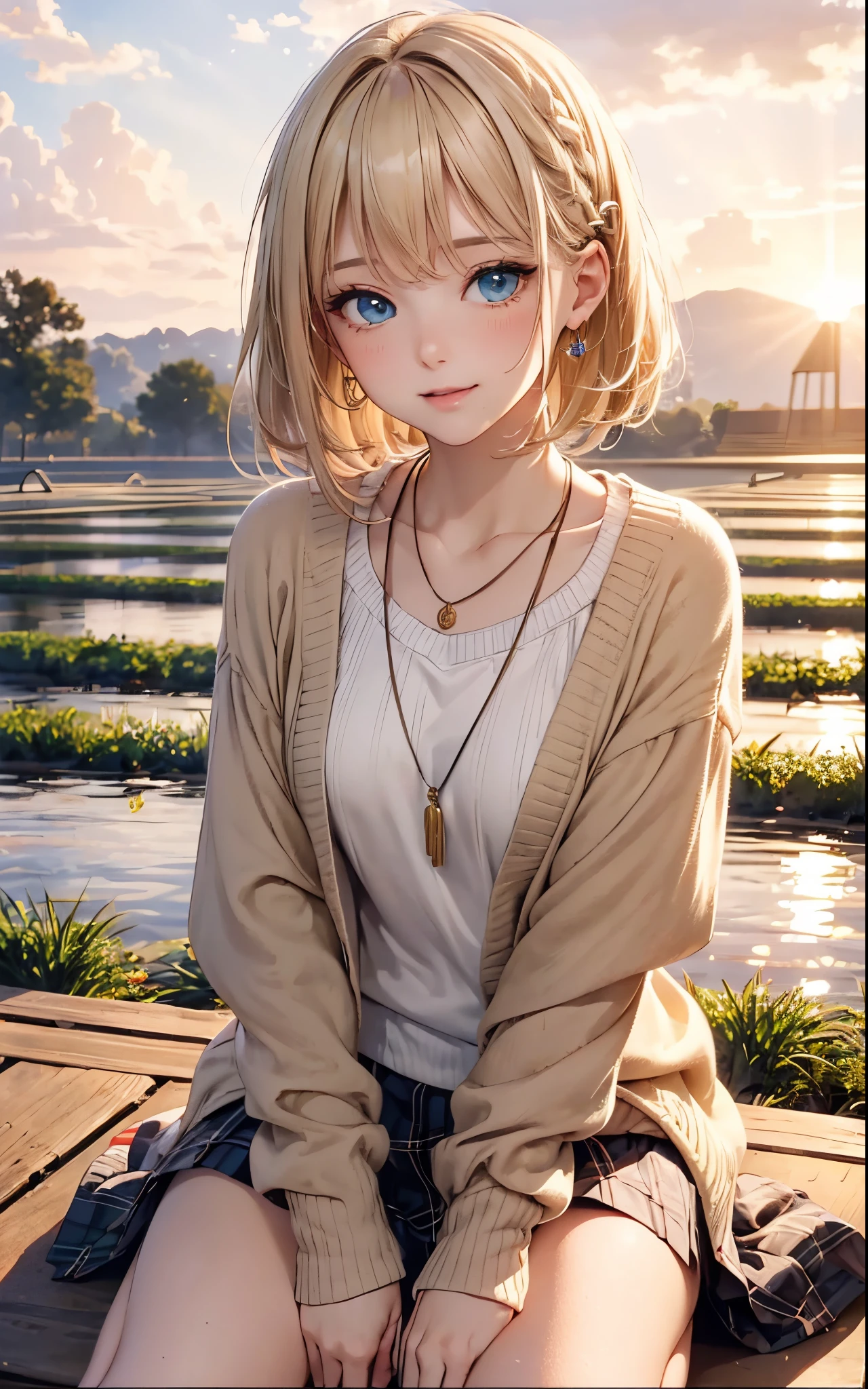 (masterpiece),(top-quality:1.2),1girl in,(masuter piece:1.3),exquisitedetails, Highest quality 8K resolution, Ultra-detailed, Realistic, Vibrant colors, Soft tones, With warm and gentle lighting, A woman standing in a room wearing a skirt and sweater, designed for cozy aesthetics, wide skirt, Styling, With short hair, simple style, Beige, 2 0, Dynamic!!, Cute:2, F / 2 0, Roots and hay coat, lookbook, Vivid), 9, jimin, ( Side ) profile (Smooth straight blonde hair:1.2),(Hair parted in the middle:1.3),(Glowing hair),(Dark blue eyes:1.3),(Hands close to the face:1.4),White skin, hair clips,Small necklace,A gentle feeling overflows,The sun's rays illuminate joy and pure love, Warm golden glow,The atmosphere is full of happiness and laughter, As if celebrating love,Ultra-detailed depiction and vivid colors,A style that combines romanticism and realism,depth of love,color palettes,Create an ethereal atmosphere like a dream,Lighting is soft and diffused,masterpiece artwork