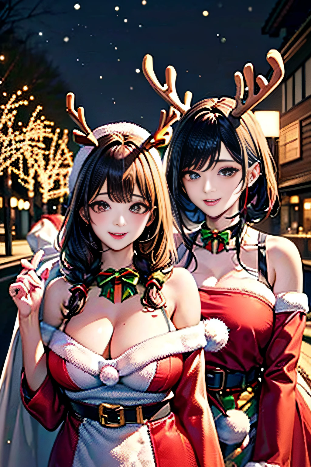 (((Gorgeous Christmas illuminations on street trees:1.3))),christmas tree night lighting,(((Wallpaper of two women enjoying Santa Claus cosplay and cute reindeer cosplay:1.3))),a miniskirt,(The white part of the costume looks like fluffy snow,The red part is made of luxurious velvet material.).off shoulder with sleeves,(Emphasis on large breasts:1.3),(Short hair with shiny silver and orange stripes,Ponytail twisted buns adorned with elaborate braids and beads,Braided Setup Fishbone Hair,),(Bangs are see-through bangs),with round face,An attractive woman with a natural smile and charming expression,Transparent skin,(The 8k quality,masutepiece,top-quality,Ultra-high resolution output image,),(Highly detailed raw photos:1.3),(Image Mode Ultra HD),