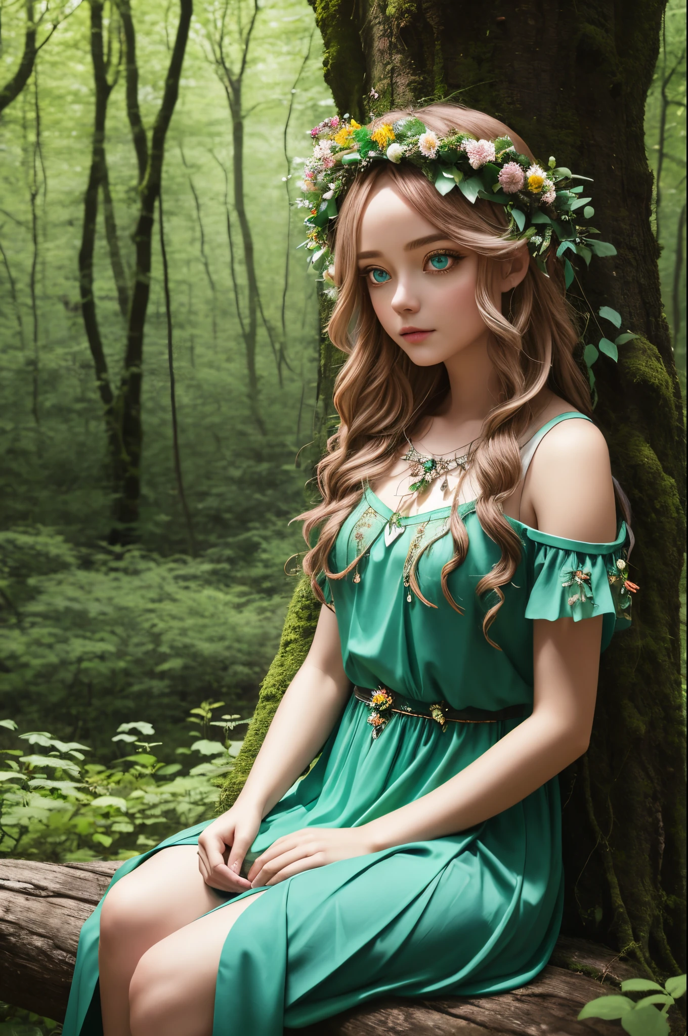 girl sitting on a bench in a forest with flowers, fey queen of the summer forest, goddess of the forest, forest fairy, goddess of nature, forest fae, queen of the forest, queen of nature, goddess of spring, a maid in a magical forest, forest soul, the non-binary deity of spring, forest dryad, perfect eyes, beautiful eyes, detailed eyes,