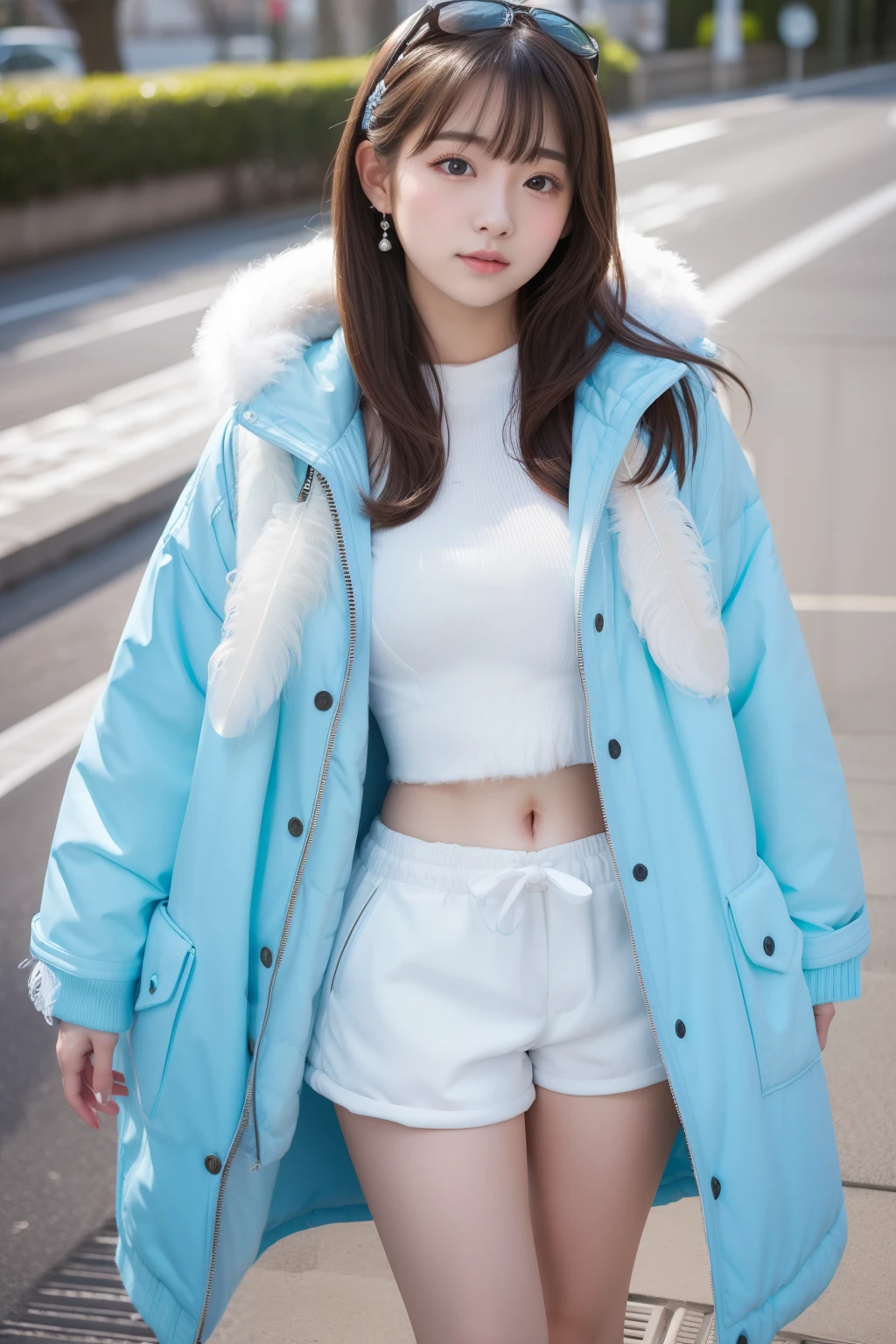 infp young woman、、full body Esbian、Idol face、white shorts covered with feathers、light blue long jacket、