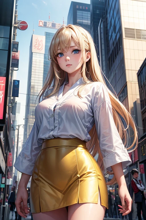 Masterpiece, Best Quality, 8K, Photographic Reality, Realistic, Octane Rendering, Bustling Urban Streets of Japan (1 Woman: 1.4), (Only One Woman on the Screen: 1.3), (White Shirt), (Long Golden Hair), (Hip Wrapped Skirt), (Blue Eyes) Upper Body Display