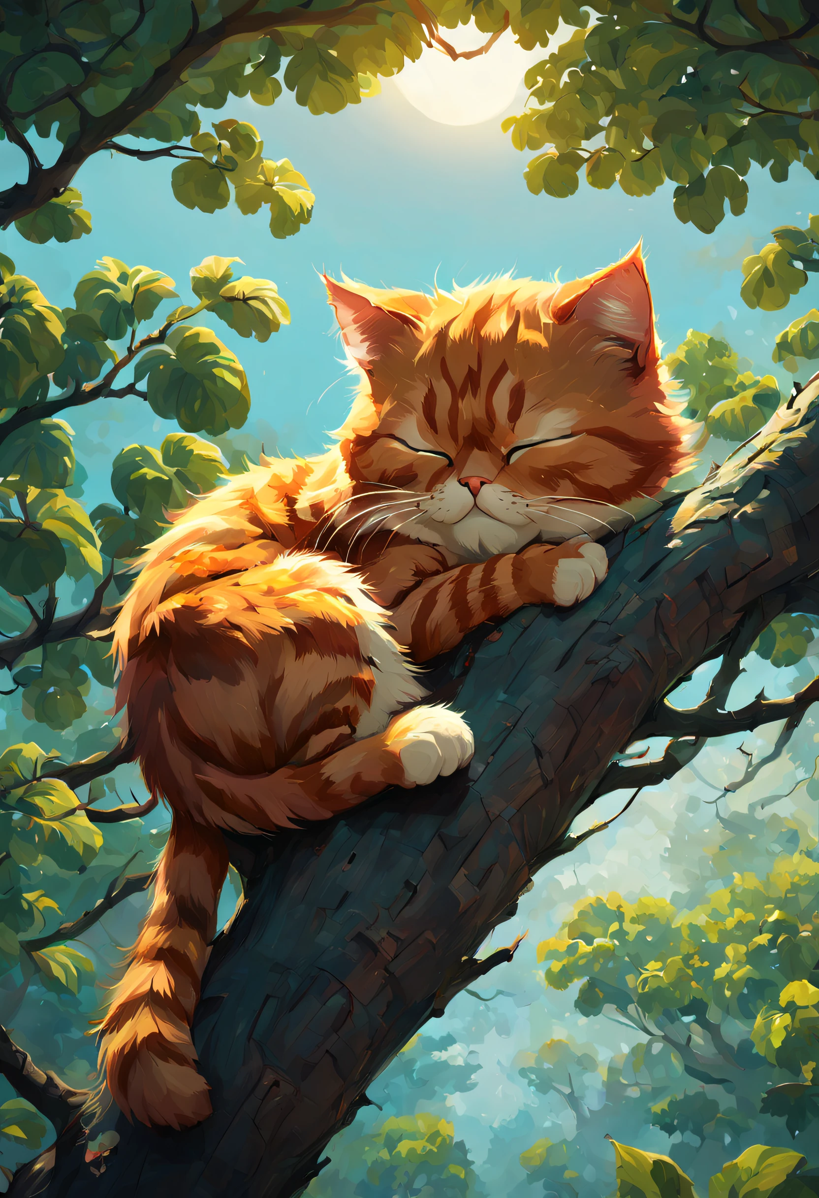 masterpiece, concept art, cinematic scene, illustration, centered, Garfield cat sleeping in a tree branch, inspired by Krenz Cushart, featured on pixiv, painting, epic composition, epic proportion, Vibrant color, HD,