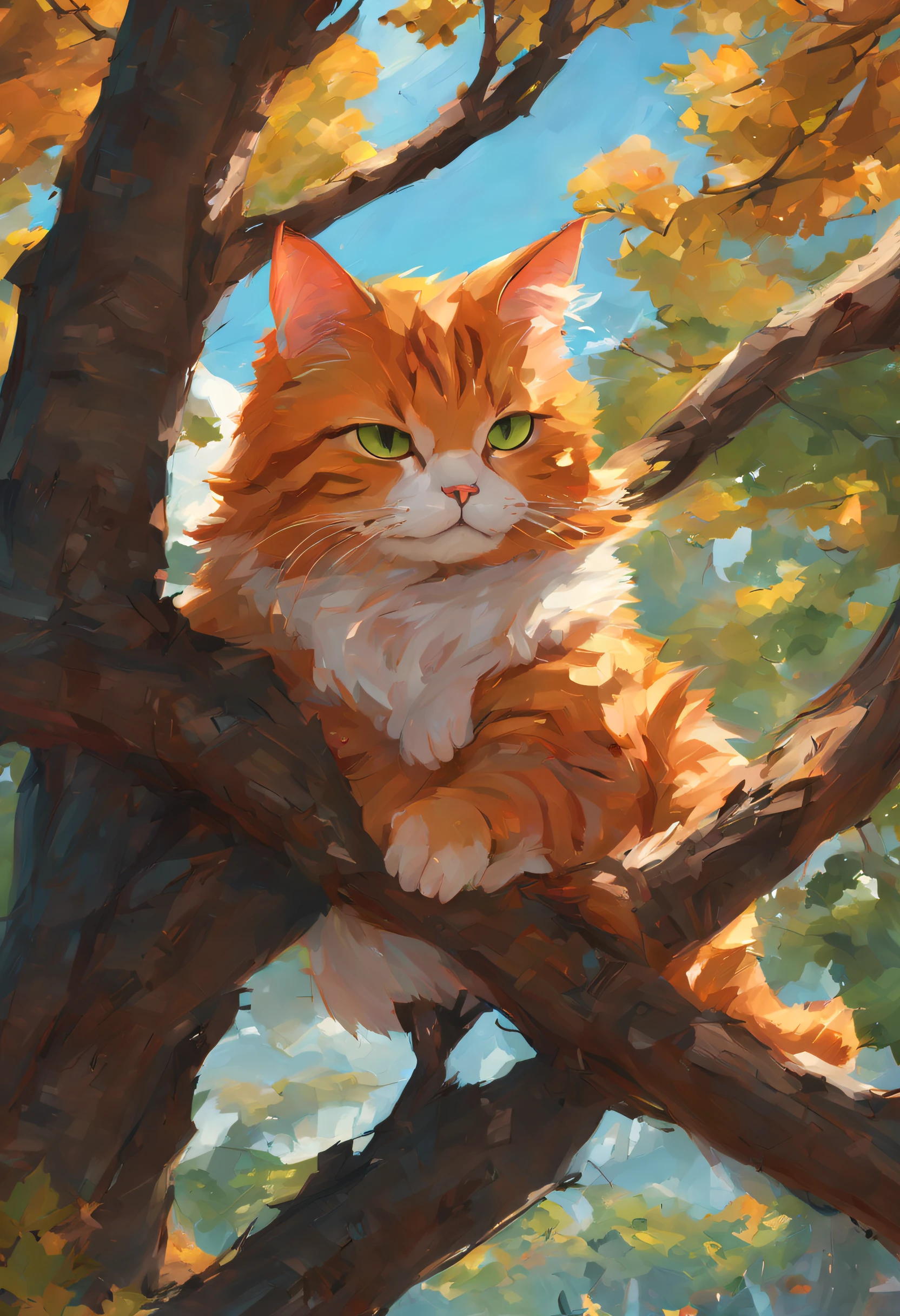 masterpiece, concept art, cinematic scene, illustration, centered, Garfield cat sleeping in a tree branch, inspired by Krenz Cushart, featured on pixiv, painting, epic composition, epic proportion, Vibrant color, HD,