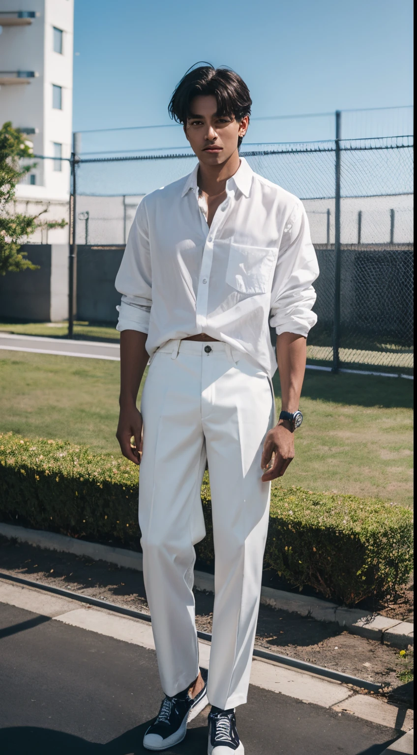 arafed man in white shirt and black pants standing in front of a fence, wearing white shirt, wearing in shirt, wearing a white shirt, wearing a light shirt, taken with a canon dslr camera, wearing a white button up shirt, distant full body view, white shirt, white dress shirt, taken with sony alpha 9, fine white shirt, white wrinkled shirt,