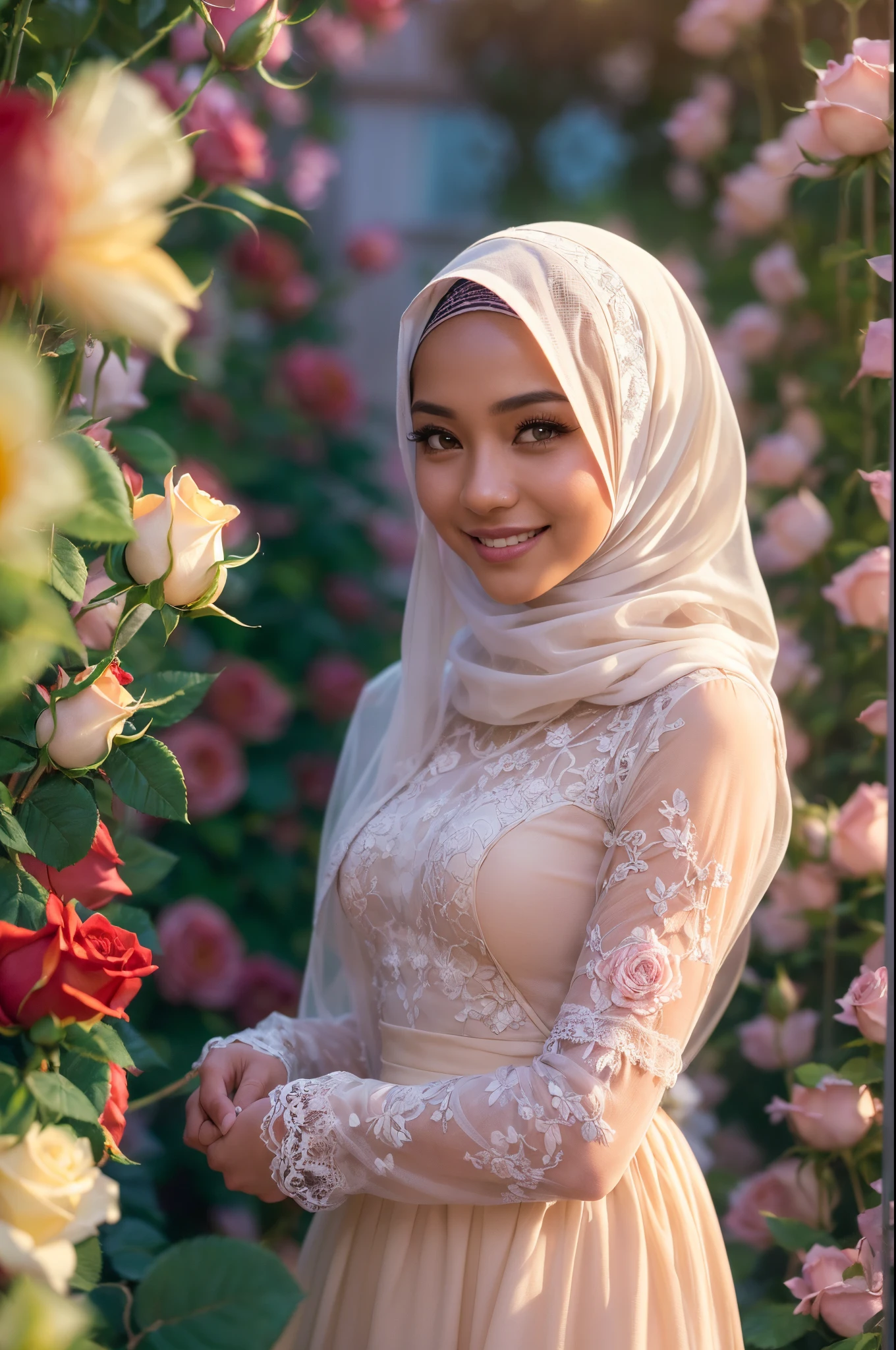((((Depth of field))),((((Sunset backlit),((Slim body)))),malay girl with very long white hijab, 20 years old, twilight rays, modest lace wedding dress, flower crown, (((Rose tunnel))), rose front blur, bokeh, photorealistic, surrounded by colorful roses, ((smiling)))))), (mouth closed)))),(1 malay girl in hijab), ( Sunset:1.3), (8k, RAW photography, best quality, masterpiece:1.2), (realistic, photorealistic:1.37), best quality, ultra high resolution,(standing in a flower garden:1.3), (vivid and colorful:1.3), bokeh, extreme close up shot, ultra detail, pastel color grading,