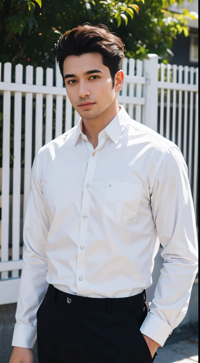 arafed man in white shirt and black pants standing in front of a fence, wearing white shirt, wearing in shirt, wearing a white shirt, wearing a light shirt, taken with a canon dslr camera, wearing a white button up shirt, distant full body view, white shirt, white dress shirt, taken with sony alpha 9, fine white shirt, white wrinkled shirt,