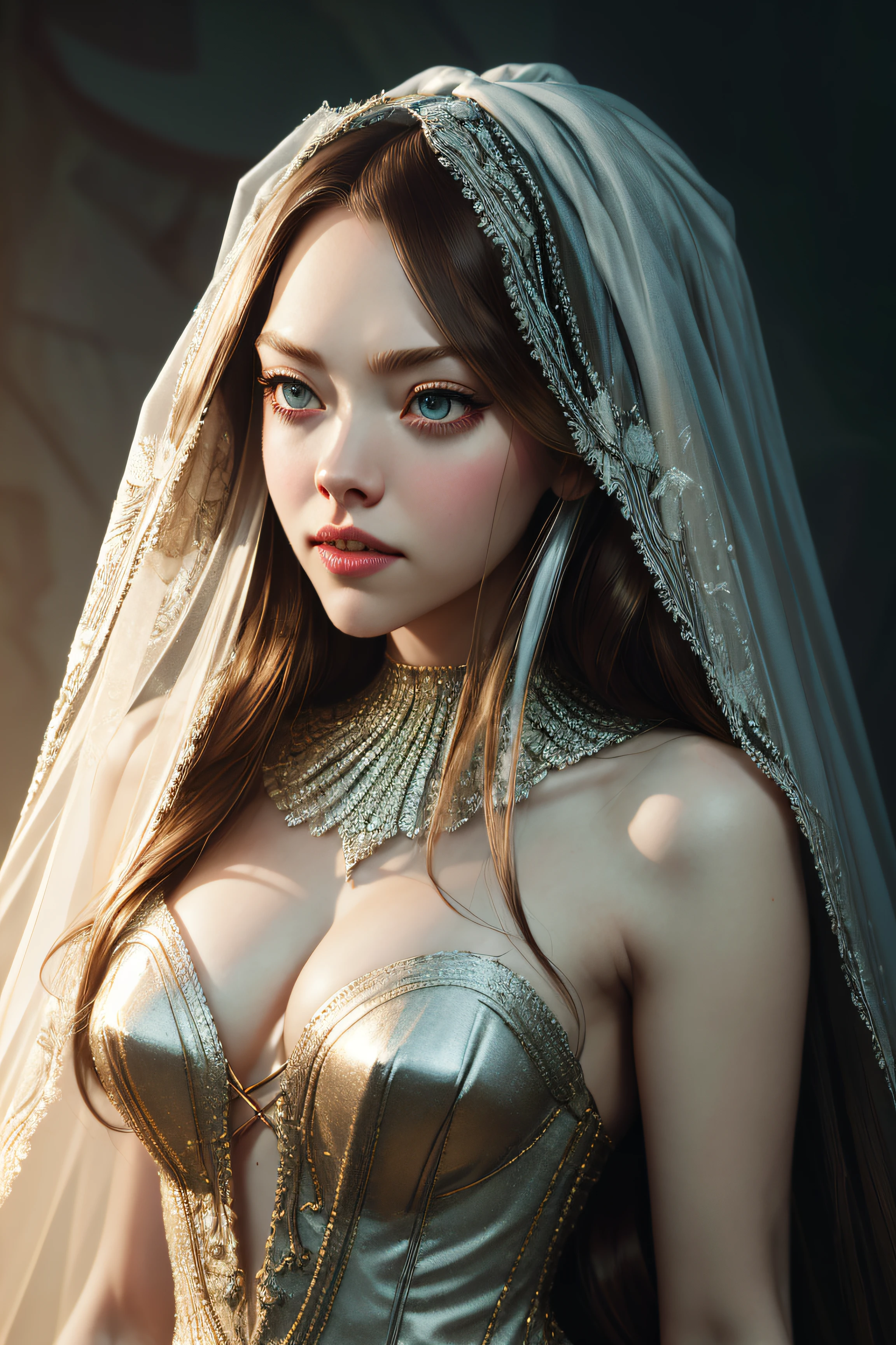 Amanda Seyfried, veil bride sexy clothes, character portrait, 4 9 9 0 s, long hair, intricate, elegant, highly detailed, digital painting, artstation, concept art, smooth, sharp focus, illustration, art by wlop, charlie bowater and alexandra fomina