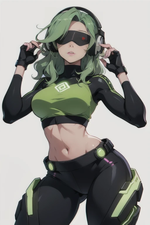 22 years old woman with wavy green hair, futuristic vibes, black blindfold, headphones, visible midriff, 8k, high quality, simple background, glowing eyes, nice pose