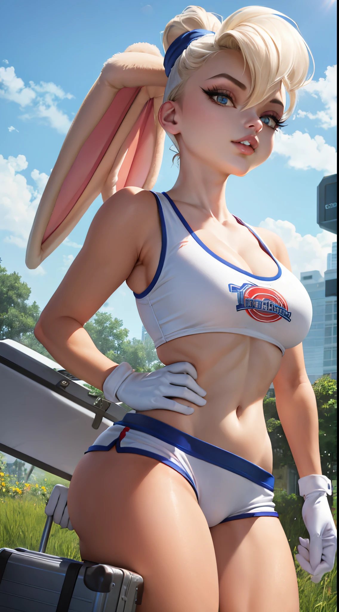 (masterpiece, best quality:1.2),  lola bunny, 1girl, breasts, gloves, solo, furry female, rabbit girl, shorts, white gloves, furry, navel, rabbit ears, animal ears, large breasts, cleavage, collarbone, white shorts, midriff, sportswear, sports bra, bare shoulders, standing, stomach, crop top, tail, short shorts, blue eyes, thighs, rabbit tail, basketball uniform, clothes writing, toned, animal nose, parted lips, sleeveless, teeth, short hair, shirt, outdoors, umbrella, grass, holding, field, holding umbrella, standing, grey sky, suitcase, sky, scenery, wide shot, briefcase, cloud, black umbrella