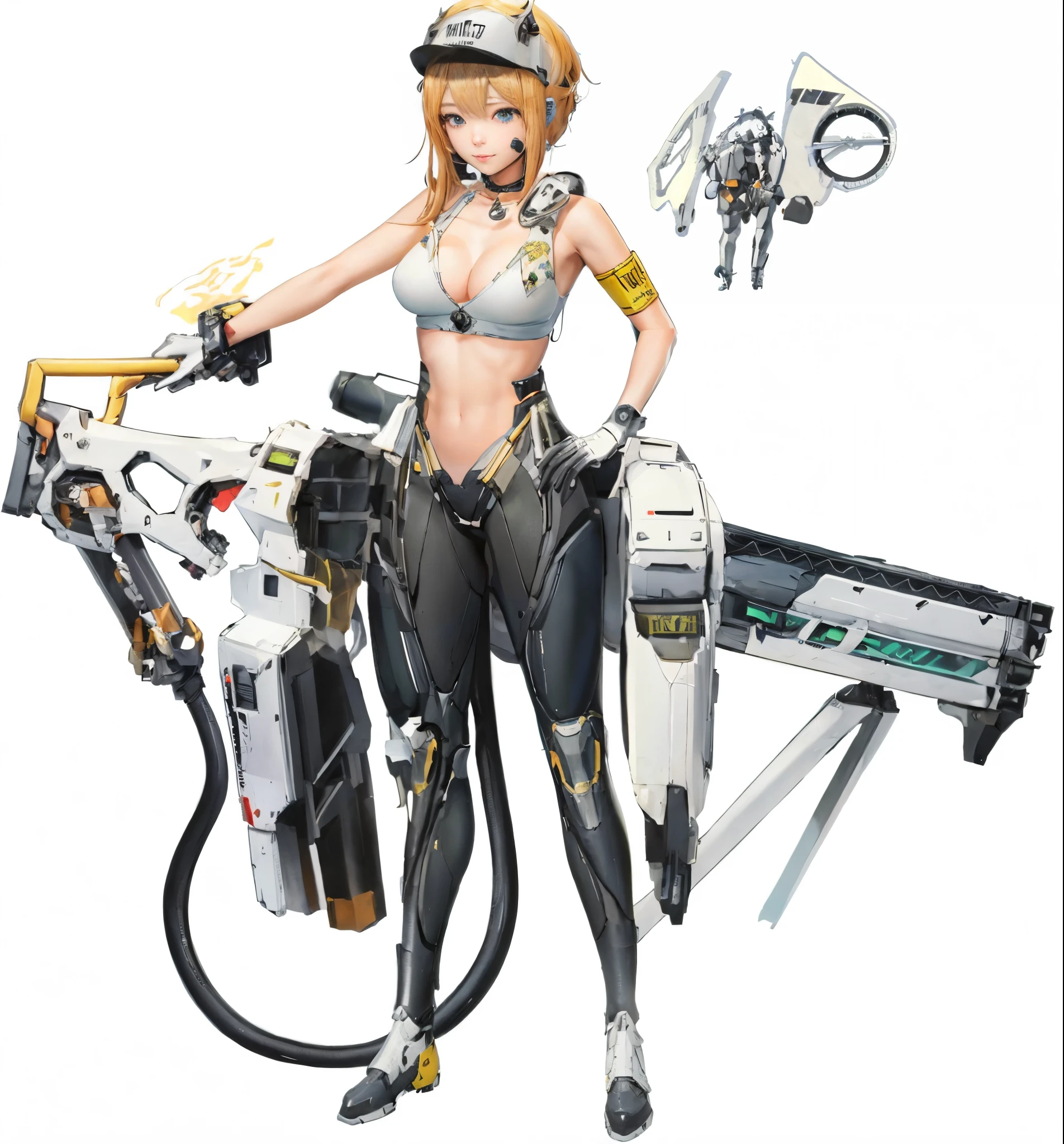 a woman in a white top and black pants holding a gun, mechanized valkyrie girl, mechanized soldier girl, cyberpunk anime girl mech, female mecha, fully robotic!! girl, cyborg merchant girl, m4 sopmod ii girls frontline, girl in mecha cyber armor, perfect anime cyborg woman, android heroine, maxwell from the nikke videogame