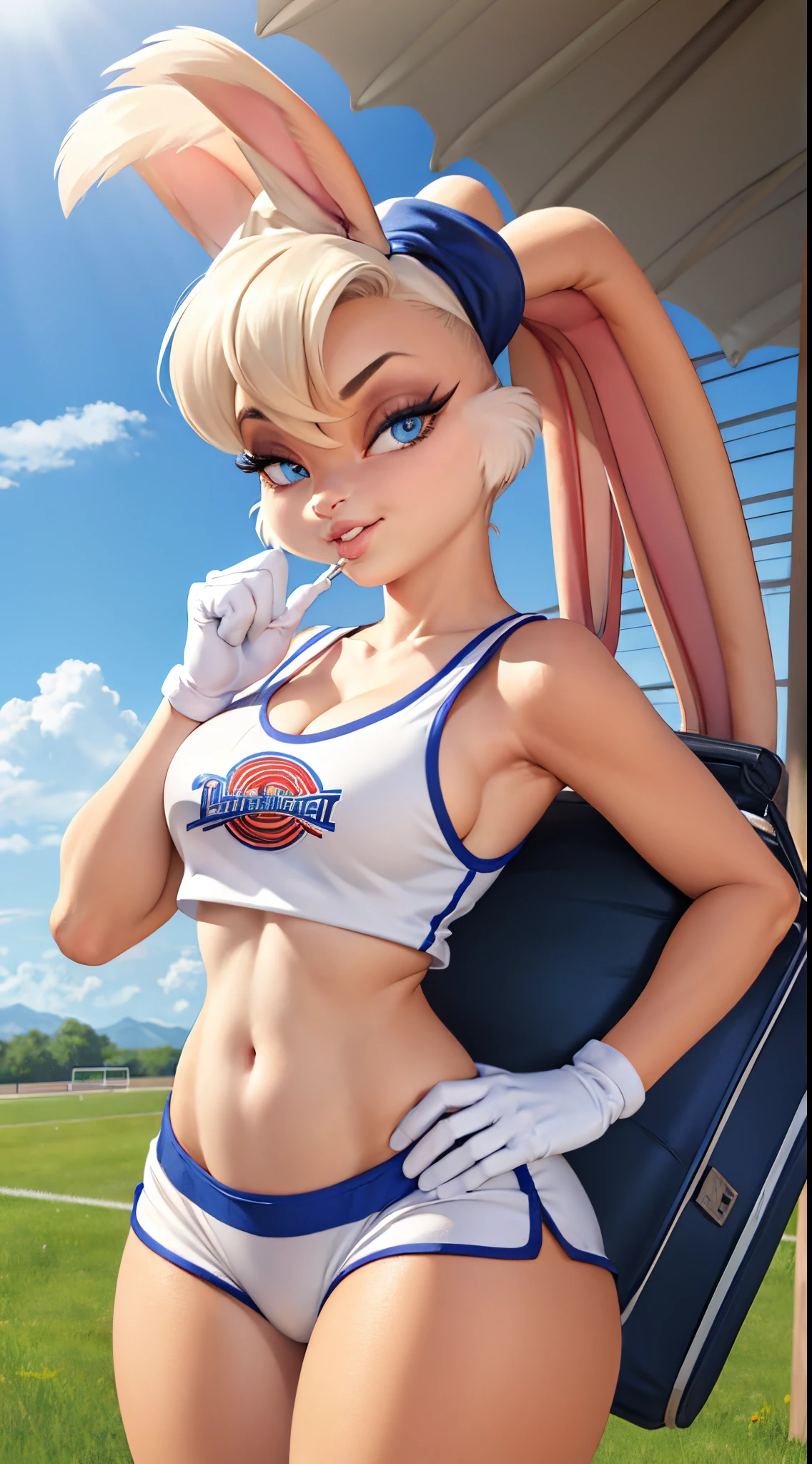 (masterpiece, best quality:1.2),  lola bunny, 1girl, breasts, gloves, solo, furry female, rabbit girl, shorts, white gloves, furry, navel, rabbit ears, animal ears, large breasts, cleavage, collarbone, white shorts, midriff, sportswear, sports bra, bare shoulders, standing, stomach, crop top, tail, short shorts, blue eyes, thighs, rabbit tail, basketball uniform, clothes writing, toned, animal nose, parted lips, sleeveless, teeth, short hair, shirt, outdoors, umbrella, grass, holding, field, holding umbrella, standing, grey sky, suitcase, sky, scenery, wide shot, briefcase, cloud, black umbrella