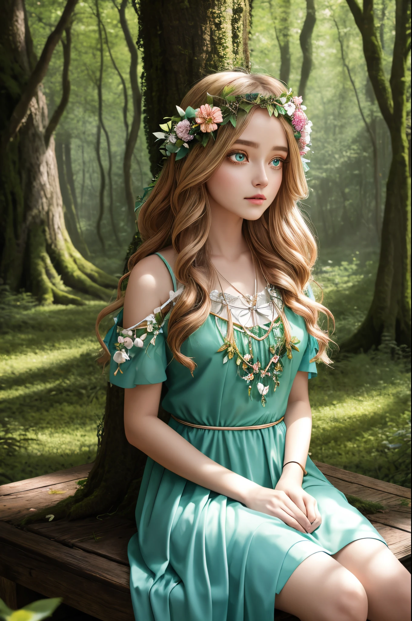 girl sitting on a bench in a forest with flowers, fey queen of the summer forest, goddess of the forest, forest fairy, goddess of nature, forest fae, queen of the forest, queen of nature, goddess of spring, a maid in a magical forest, forest soul, the non-binary deity of spring, forest dryad, perfect eyes, beautiful eyes, detailed eyes,