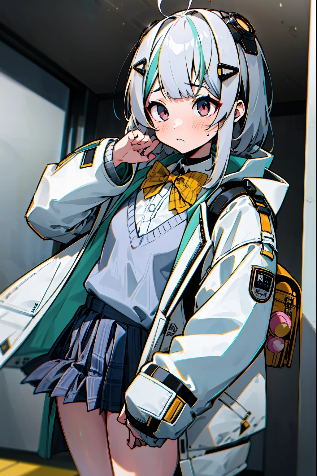 1girl in, masutepiece, Best Quality,selfee,Troubled face,Nikkeadomi, Standing, Solo, Pleated skirt, white longcoat, Plaid, Hair Ornament, bowtie, Sweater Vest, blush, White jacket, grey sweater, yellow bowtie, Small breasts, backpack, White socks, Long sleeves,