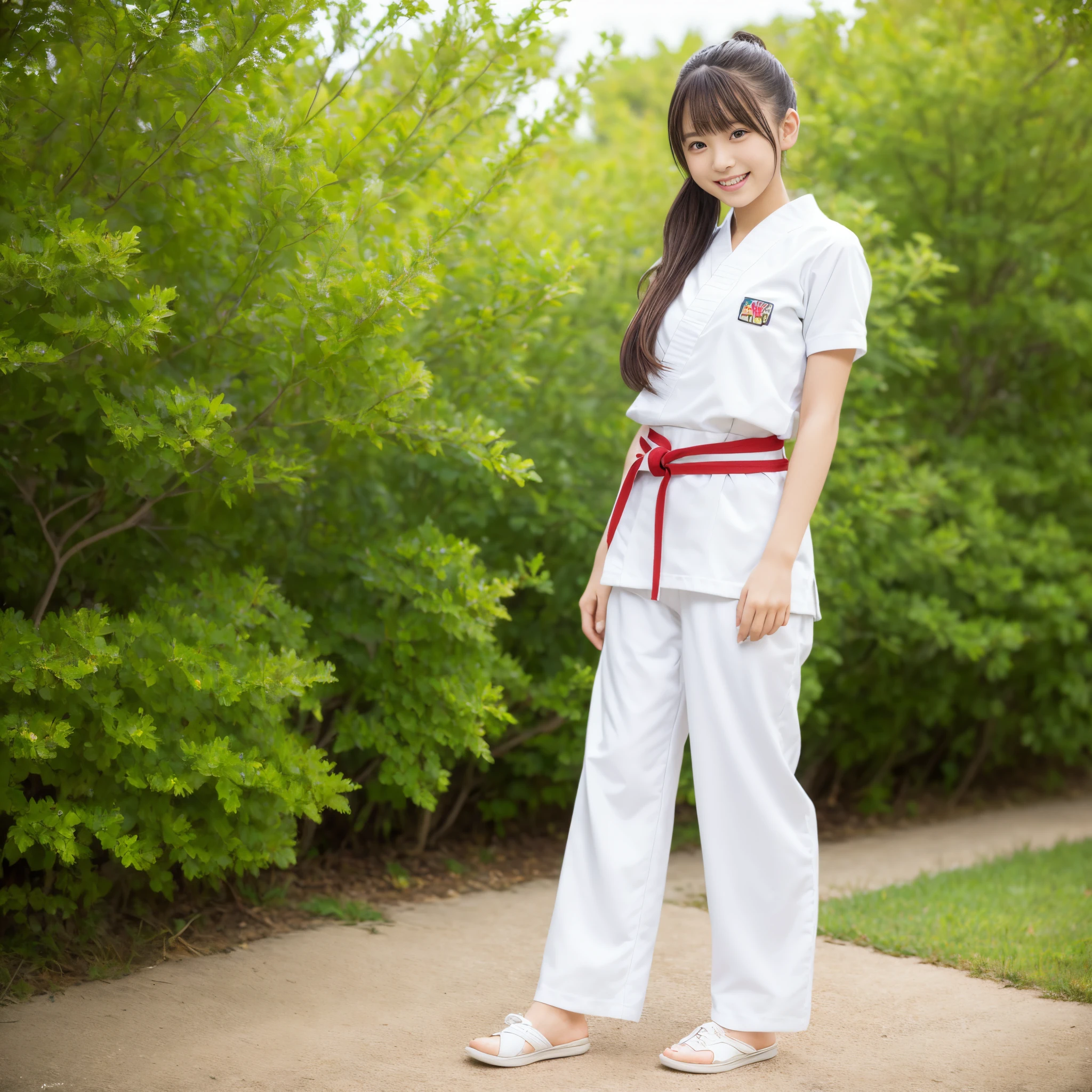 (Photorealsitic)(sixteen years old), Pretty Woman, (Full body 8K portrait), 1 girl in, White Karate Uniform, White karate pants, Large bust,Stand alone, Large and dynamic hand and foot movements, Stick out your fist, Make a high side kick, Correct skeleton, Perfect facial detail, (Smile: 1.15), attractive beautiful face, gazing at viewer, a small face, 二重まぶた, Beautiful detailed eyes, long eyeslashes, ligh brown hair, poneyTail, Toned waist, Beautiful thin legs, toned ankles, bare-legged ,TOKYOcty, the background is green, no nsfw