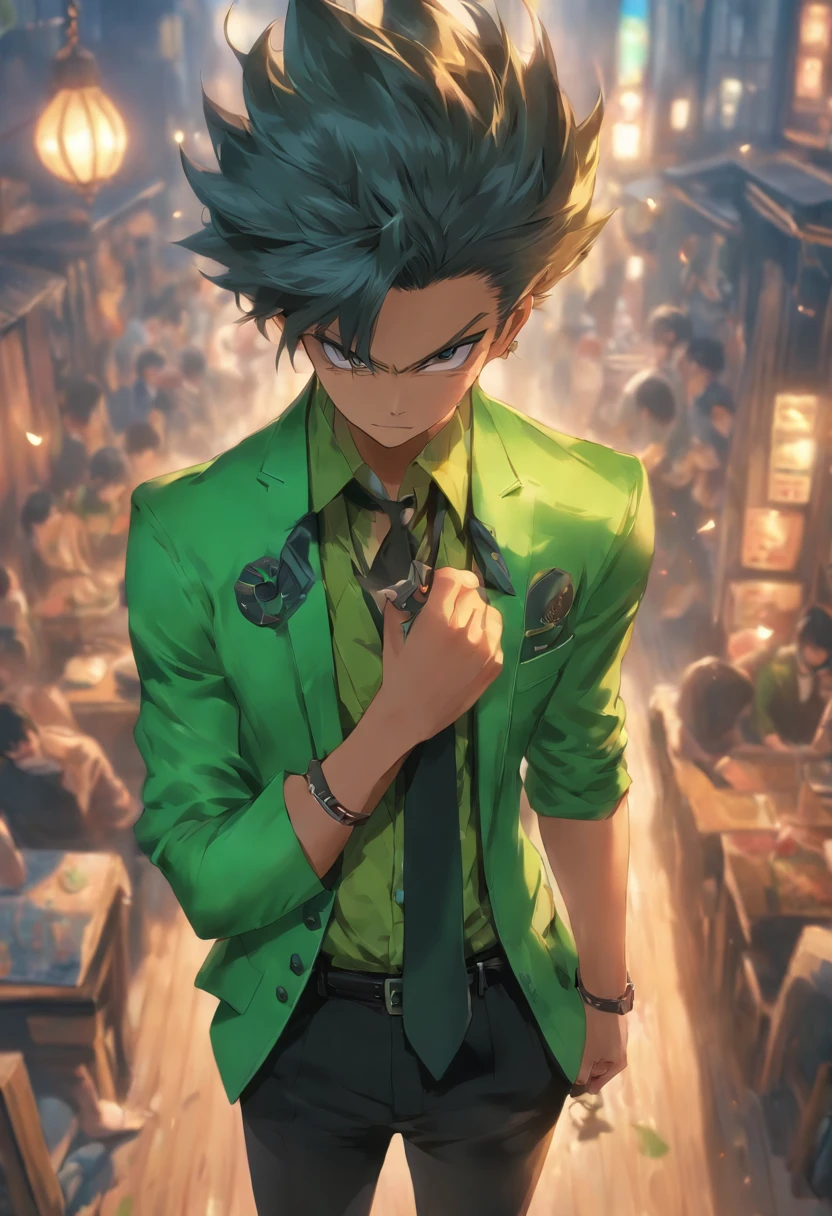 (best quality,4k,8k,highres,masterpiece:1.2),ultra-detailed,(realistic,photorealistic,photo-realistic:1.37),man in a green suit, stylishly holding a knife with a tie,Hair color: blue-black with a flip-up hat and bangs
Eye color: blue black
Do you need pets: Yes
Pet Type: A cat with muscles on its shoulders
Clothing: Denim cardigan with white base, classy
Pendant accessories, accessories can be designed with five hundred yuan characters
Xiang
Overall style: sunny, cheerful, big boy who loves to laugh