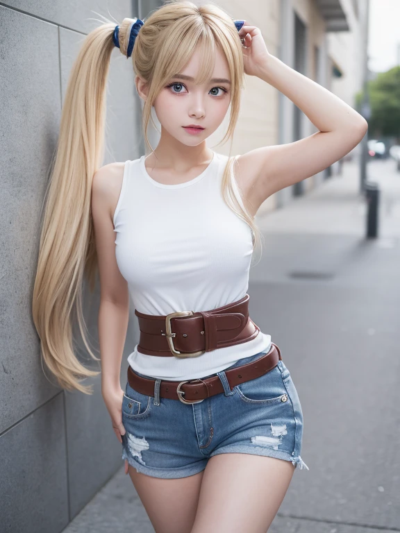 Extraordinary sexy beauty、Beautiful gentle and bright look、Sexy refreshing look、Perfect beautiful cute face、long bangs between the eyes,、Super long bright blonde straight hair、twintails, beautiful countenance、Very cute beautiful sexy young woman、Very perfect beautiful cute face、Glowing big bright light blue eyes、15yo s Western Woman、Beautiful white shiny skin, White tshirt, bare_shoulders, blue jeans shorts, belt red, thighhighs, cintas rojas en el cabello, angry expression,manos cubiendo sus pechos