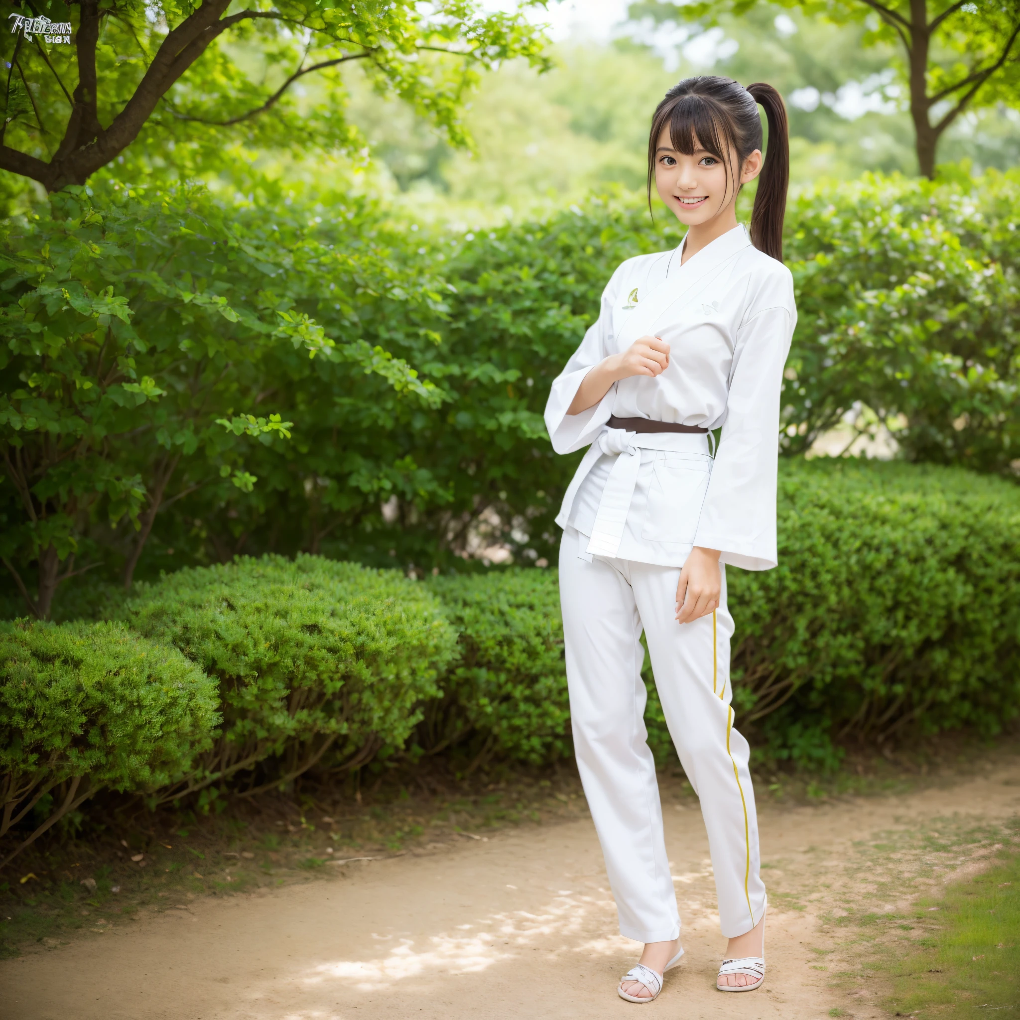 (Photorealsitic)(sixteen years old), Pretty Woman, (Full body 8K portrait), 1 girl in, White Karate Uniform, White karate pants, Large bust,Stand alone, Large and dynamic hand and foot movements, Stick out your fist, Make a high side kick, Correct skeleton, Perfect facial detail, (Smile: 1.15), attractive beautiful face, gazing at viewer, a small face, 二重まぶた, Beautiful detailed eyes, long eyeslashes, ligh brown hair, poneyTail, Toned waist, Beautiful thin legs, toned ankles, bare-legged ,TOKYOcty, the background is green, no nsfw