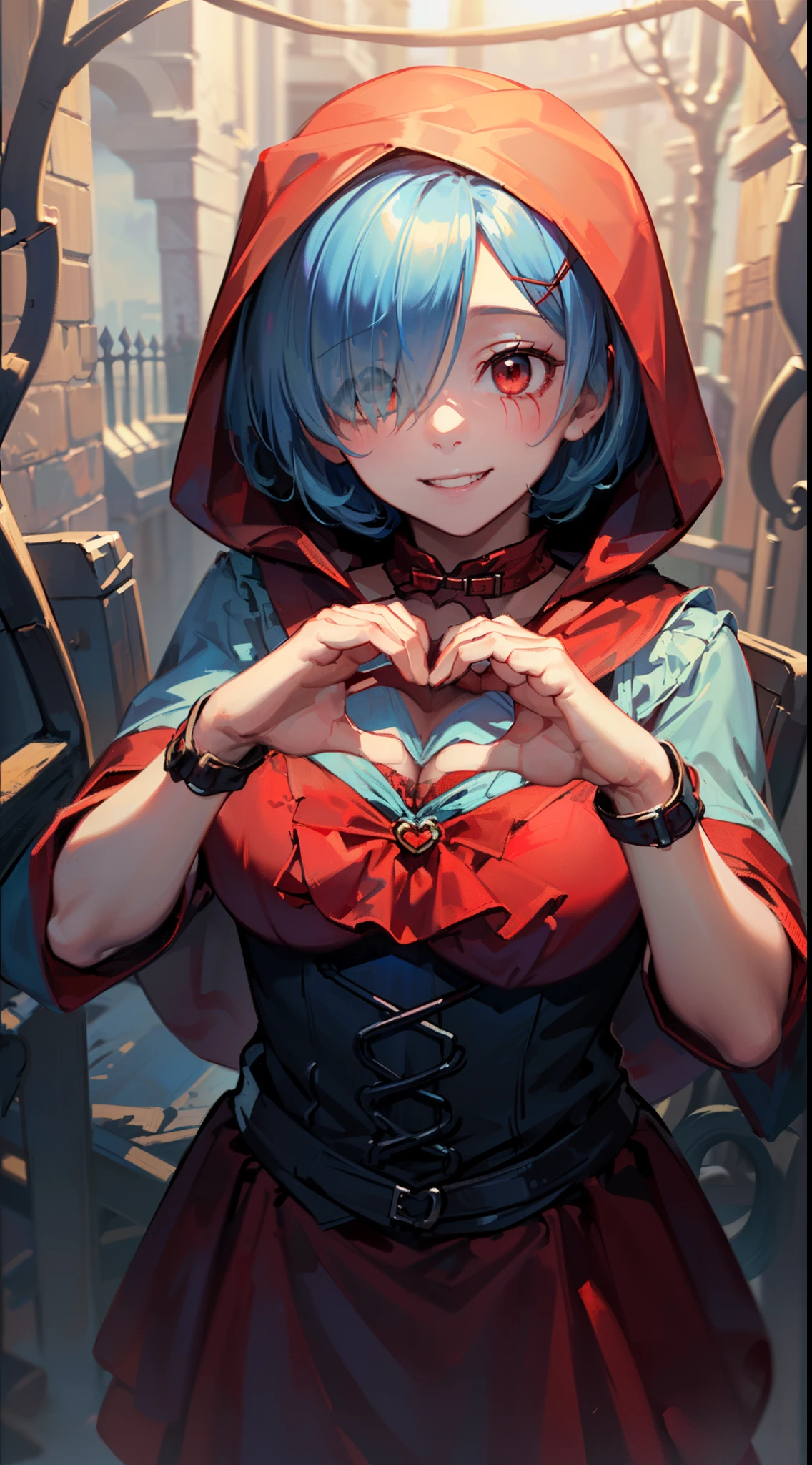 masterpiece, (1girl), ((rem_re_zero, (light blue hair), (hair tie)), (short hair:1.3), (hair over one eye:1.2)), (wearing Halloween ((Little Red Riding Hood) cosplay costume):1.3), boobs, (smiling), (sensual facial expression:1.3), (heart hands pose:1.5), (detailed body, detailed hands, detailed face:1.3), full body