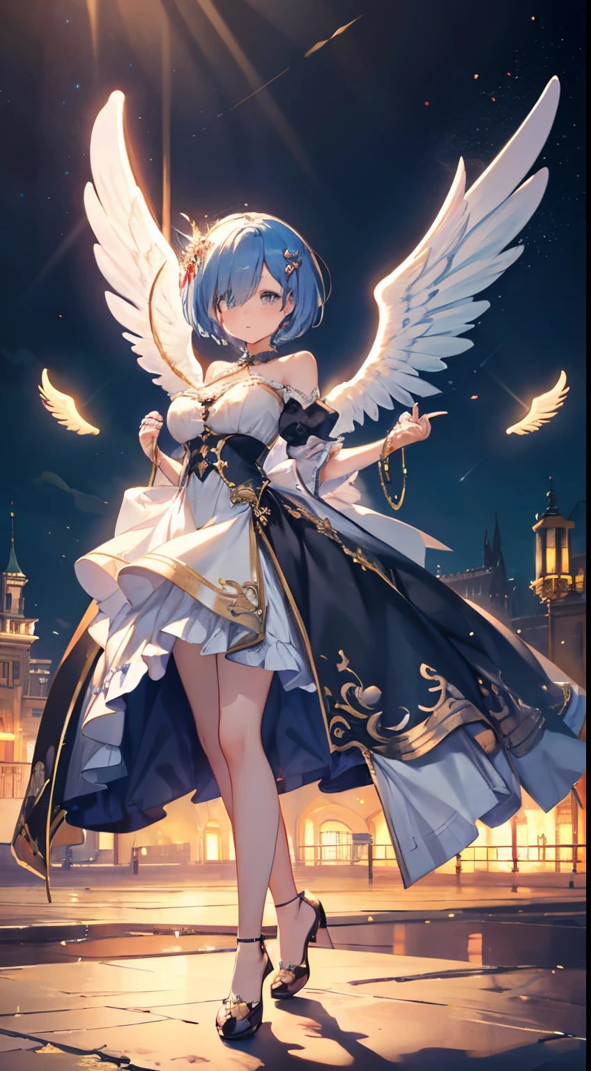 Ultra-realistic photo of a girl in a majestic white and golden ball gown dress, Big beautiful dress, Complex puffy ball gown with lots of frills and rhinestones (Best Quality, masutepiece, ((Angel wings:1.2))。 art stations, Fantasy Art:1.2), Palace rooms, Beautiful cute girl, Rem of Rezero、(Blue shorthair:1.3), Bangs hide one eye、(Complex short gold skirt, Bare legs:1.2, Full body shot)、very Bigger breasts、Height 150cm、Beautiful eyes、A detailed eye、