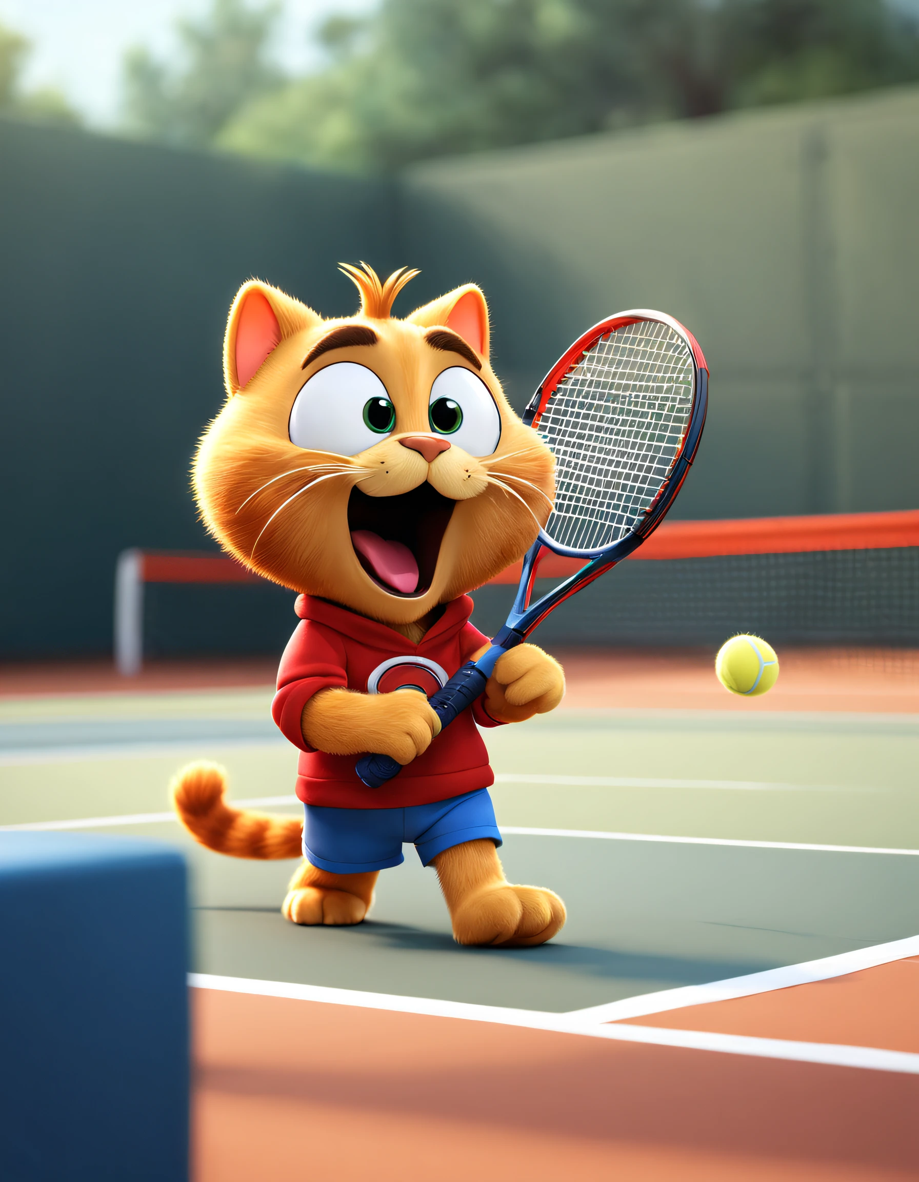 (There is a Garfield cat playing tennis), （waving a tennis racket）, Hitting action，Wearing a red and blue sweatshirt and shorts., （Sweating profusely），Exaggerated cute expressions, , largeeyes, Hairy beard,（Long tail：0.8），
Background with: Indoor tennis courts, 3D, Cartoonish, Produced by Pixar, kawaii, anthropomorphic turtle，comic strip，