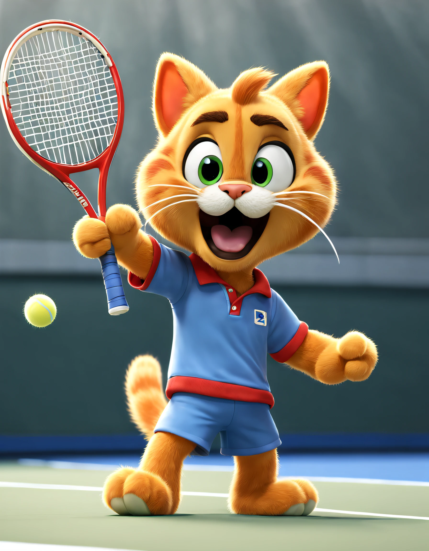 (There is a Garfield cat playing tennis), （waving a tennis racket）, Hitting action，Wearing a red and blue sweatshirt and shorts., （Sweating profusely），Exaggerated cute expressions, , largeeyes, Hairy beard,（Long tail：0.8），
Background with: Indoor tennis courts, 3D, Cartoonish, Produced by Pixar, kawaii, anthropomorphic turtle，comic strip，