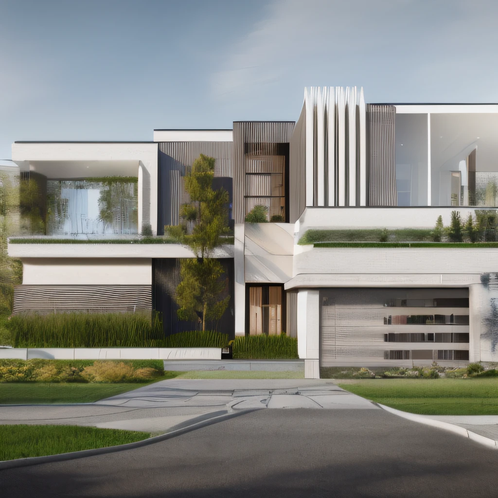 (masterpiece),(high quality), best quality, real,(realistic), super detailed, (full detail),(4k),8k,modern house exterior design,Modern architecture,Sandstone,whitewall,Beautiful_sky,Day light, no_humans, outdoors,sky,tree,Garden flower front of building,