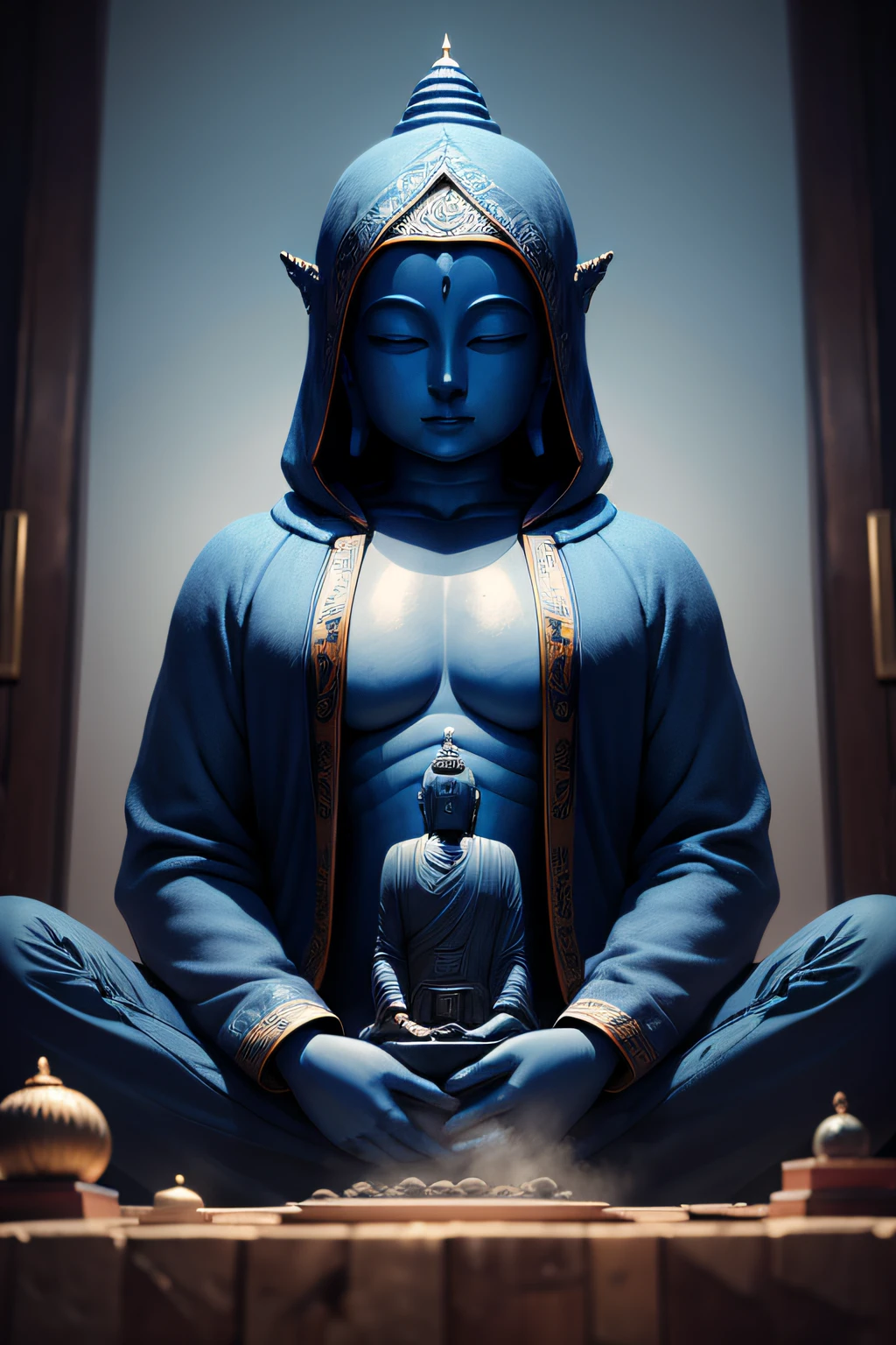 There is a blue Buddha statue facing the front and wearing a hood,Buddha, the buddha, buddhism, beautiful image