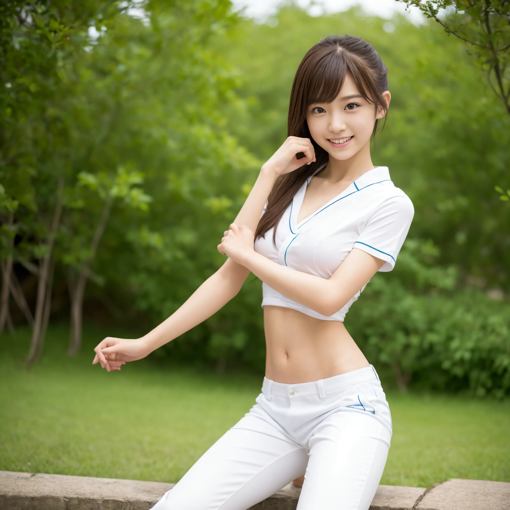 (Photorealsitic)(), Pretty Woman, (Full body 8K portrait), 1 girl in, White Karate Uniform, White karate pants, Large bust,Stand alone, Large and dynamic hand and foot movements, Stick out your fist, Make a high side kick, Correct skeleton, Perfect facial detail, (Smile: 1.15), attractive beautiful face, gazing at viewer, a small face, 二重まぶた, Beautiful detailed eyes, long eyeslashes, ligh brown hair, poneyTail, Toned waist, Beautiful thin legs, toned ankles, bare-legged ,TOKYOcty, the background is green, no nsfw