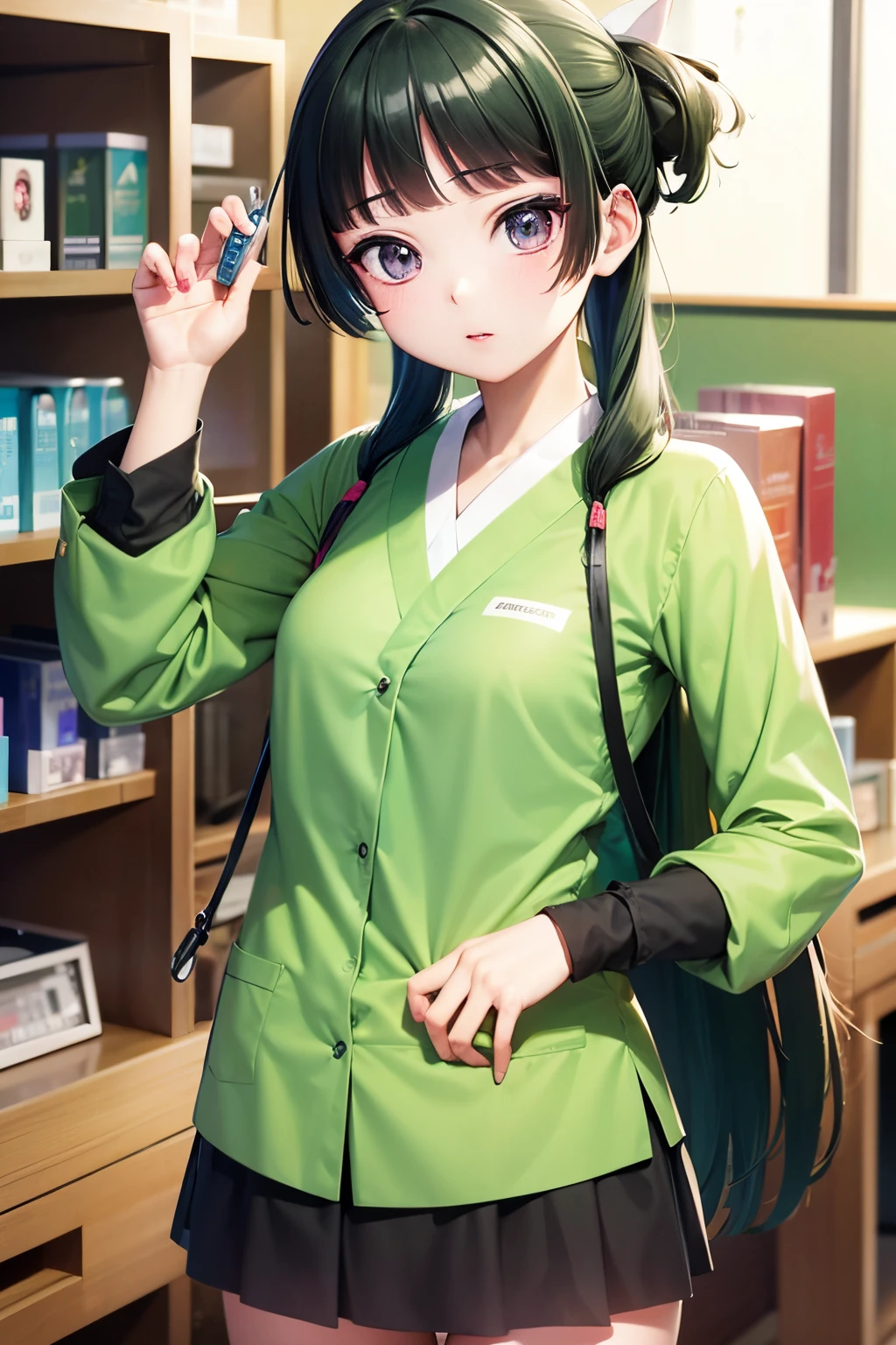 masuter piece, Best Quality, 超A high resolution, top-quality, Anime style, pharmacy clerk, Maomao, 1girll, Black-green hair