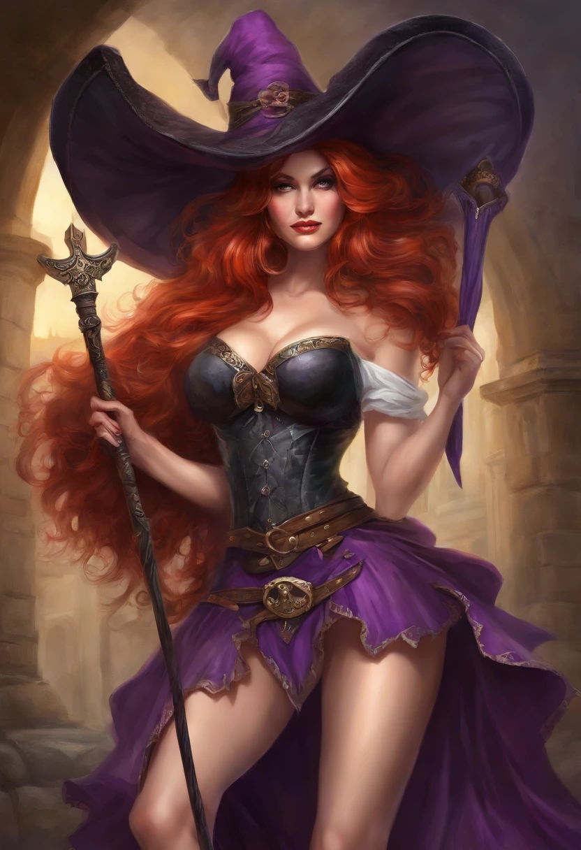 ((Masterpiece)), ((Best Quality)), Ultra High Resolution, HDR, Ultra Realistic, absurd, 8K, Perfect Art, Super Detailed Rendering, Masterpiece, High Quality, high resolution, ultra-detailed, Clean, Masterpiece, Professional Artwork, beautiful, masterpiece, best quality, The Sorceress from Dragon's Crown, a sexy sorceress, (long red hair: 1.4), long hair, beautiful face, detailed female face, (((perfect female body, narrow waist))), beautiful female body, full body, very pretty woman, young, very pretty woman, sexy, tall, sexy, very attractive, ((very big breasts:1.4)), (huge breasts), Large wide brimmed witches hat, Black witches hat with purple ribbons, a black bustier with a white lace rim around the breast, cleavage, deep cleavage, long purple skirt with a high split showing all of her leg, pointed witches shoes, brown sash belt, holding a large wooden witches staff.