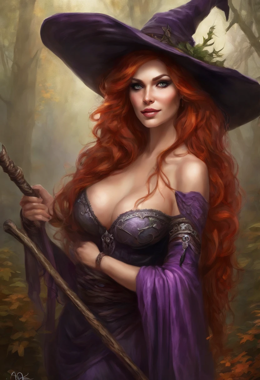((Masterpiece)), ((Best Quality)), Ultra High Resolution, HDR, Ultra Realistic, absurd, 8K, Perfect Art, Super Detailed Rendering, Masterpiece, High Quality, high resolution, ultra-detailed, Clean, Masterpiece, Professional Artwork, beautiful, masterpiece, best quality, The Sorceress from Dragon's Crown, a sexy sorceress, (long red hair: 1.4), long hair, beautiful face, detailed female face, (((perfect female body, narrow waist))), beautiful female body, full body, very pretty woman, young, very pretty woman, sexy, tall, sexy, very attractive, ((very big breasts:1.4)), (huge breasts), Large wide brimmed witches hat, Black witches hat with purple ribbons, a black bustier with a white lace rim around the breast, cleavage, deep cleavage, long purple skirt with a high split showing all of her leg, pointed witches shoes, brown sash belt, holding a large wooden witches staff.