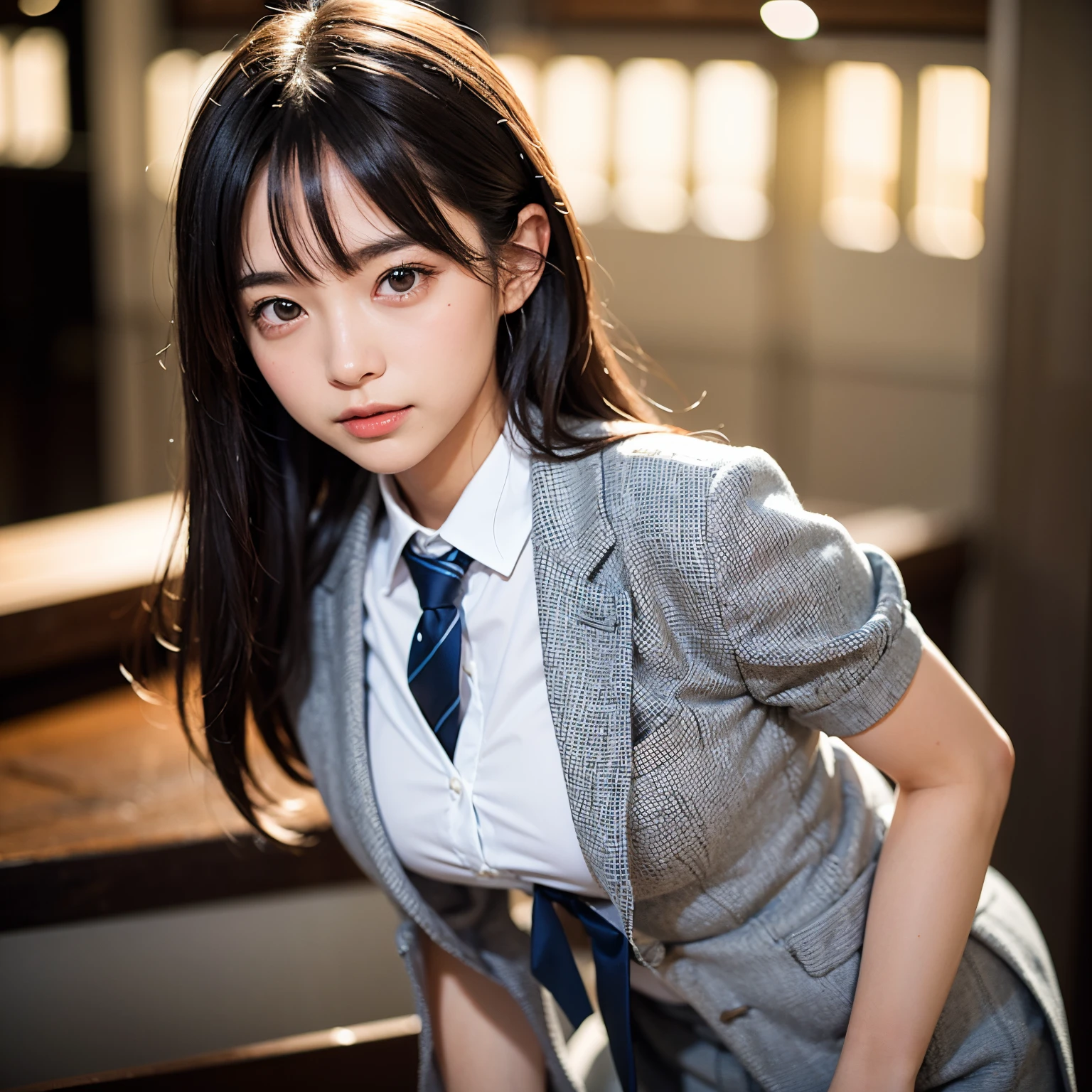 (masutepiece, Best Quality:1.2), 8K, Official art, Full body photo, full body Esbian、Fashionable background、luxurious backdrop、Emma fastening her tie.trouser、Cute smile、cute  face、Suits、A dark-haired、14years、small tits、A delightful、A smile、unbelievable Ridiculous, (Upper body, Gray suit:Cute Tie 1.4), Beautiful Girl, Pretty Face, arching back down, cute butt、Gold hair ornament on hair、Wearing a cute suit、close up, Wearing a suit, Short sleeve, gardenia, violaceaess, Teen,, Looking at Viewer, Film grain, chromatic abberation, Sharp Focus, face lights, Dynamic lighting, Cinematic lighting, Eyes and faces with detailed, Bokeh background, (Tie with Emma written on it、1 copy:1.2)