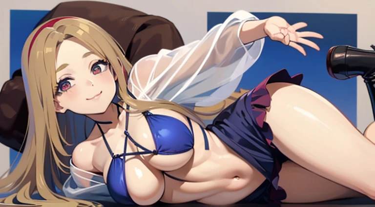 (tmasterpiece:1.6,Best quality at best),(Sagged Eyes),high high quality,beauitful face,(1 busty girl),Wide hips, Busty and mature woman,Long blonde hair,red eyes,, blue bikini, Frontal photography above the knee,fake smile, tmasterpiece, The background is blank, Frontal main light source,mature, (lies on the ground) , acting,perfect anatomia,(独奏)