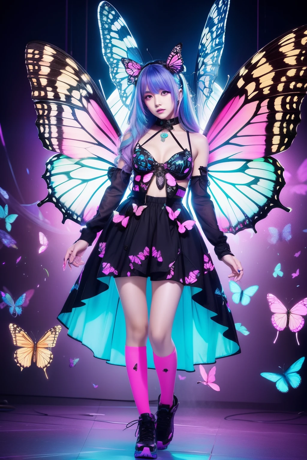 Female idol covered in butterflies、full body Esbian、、Cyberpunk fashion full of butterflies(fluorescent pink and blue)、Luminescent、Colorful hair