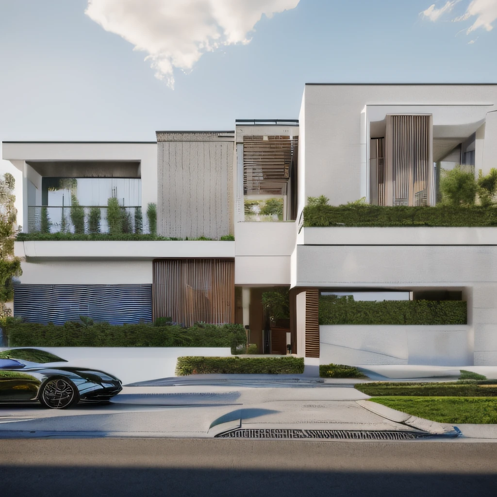 (masterpiece),(high quality), best quality, real,(realistic), super detailed, (full detail),(4k),8k,modern house exterior design,Modern architecture,Sandstone,whitewall,Beautiful_sky,Day light, no_humans, outdoors,sky,tree,Garden flower front of building,