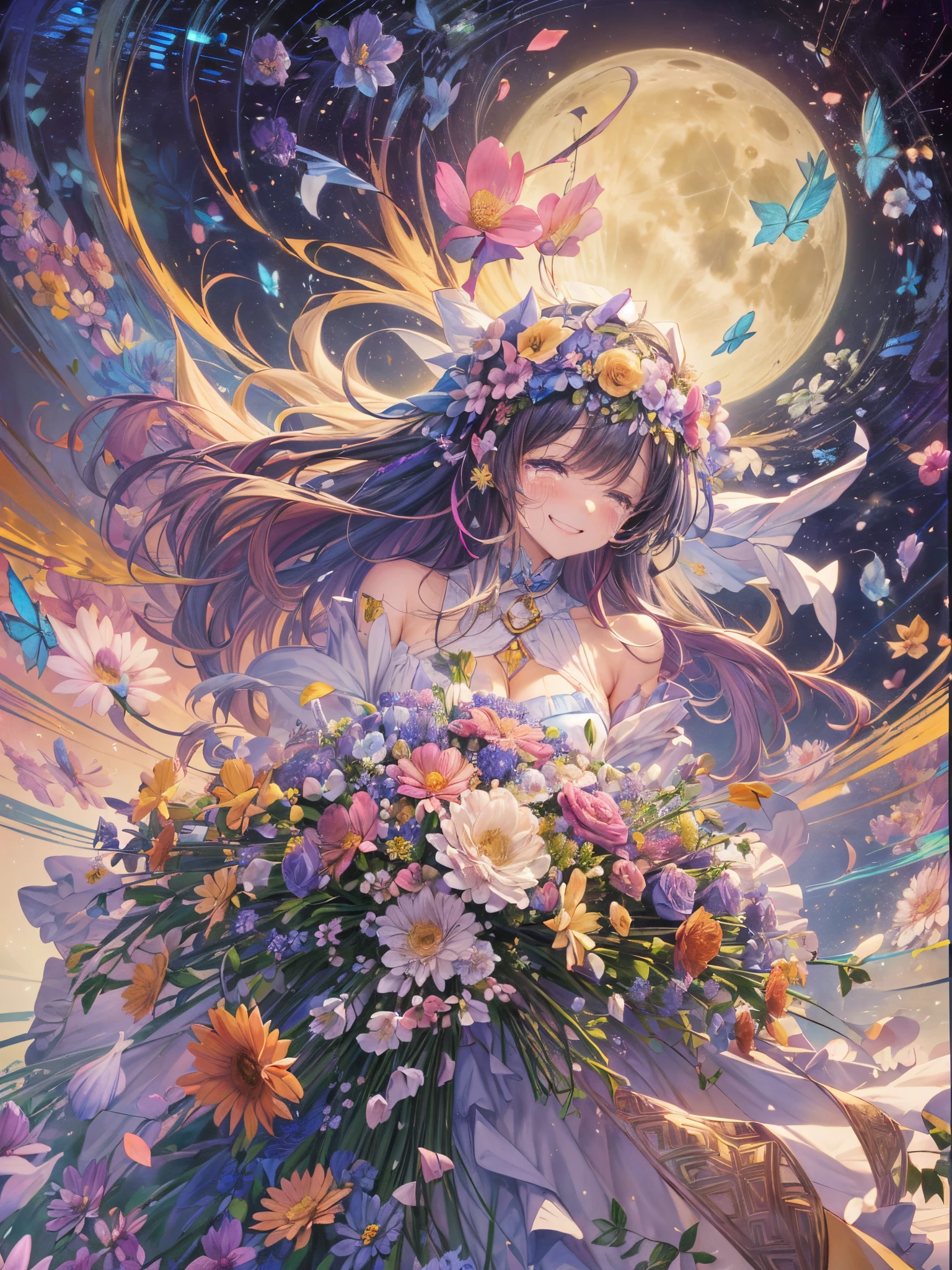 top-quality、masutepiece、1womanl、独奏、(abstract  art:1.4),(Psychedelia Theme:1.6),(kosmos:1.4)、beautiful woman at the center of the universe、(Smiling with tears in her eyes:1.5),(A woman wrapping her hands around a large bouquet of flowers:1.4),A ray of light spreads,Number of stars spreading from the center,Spreading star fragments,prisma(Nostalgic atmosphere),(There are many flowers falling around me:1.3)、Dark scenery、Moon reflection