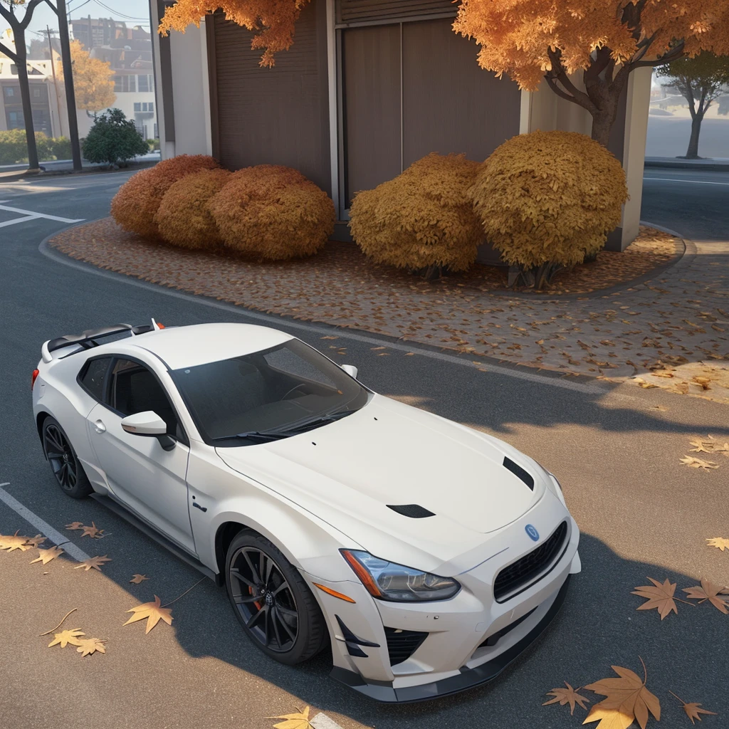 kalmanGear, white,Drift car parked on a street covered in autumn leaves (city:1.3), Fall, Global Illumination, Volumetric lighting, Best Quality, Highly detailed, ..CGI, Illustration, Octane Render,